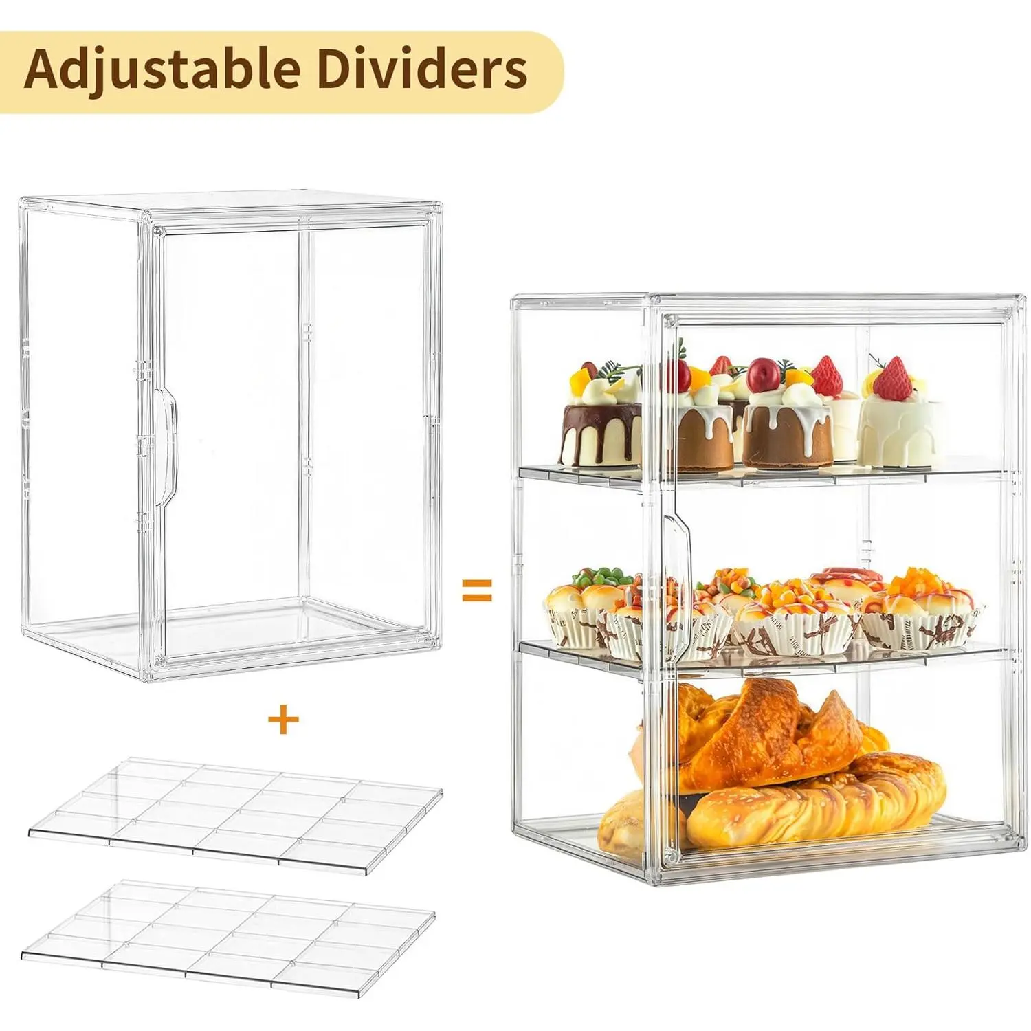 Pastry Display Case, Large Bread Box for Kitchen Countertop, 3 Layers Adjustable Clear Bread Storage with Magnetic Door, Bread Container for Bread, Bagel, Donut