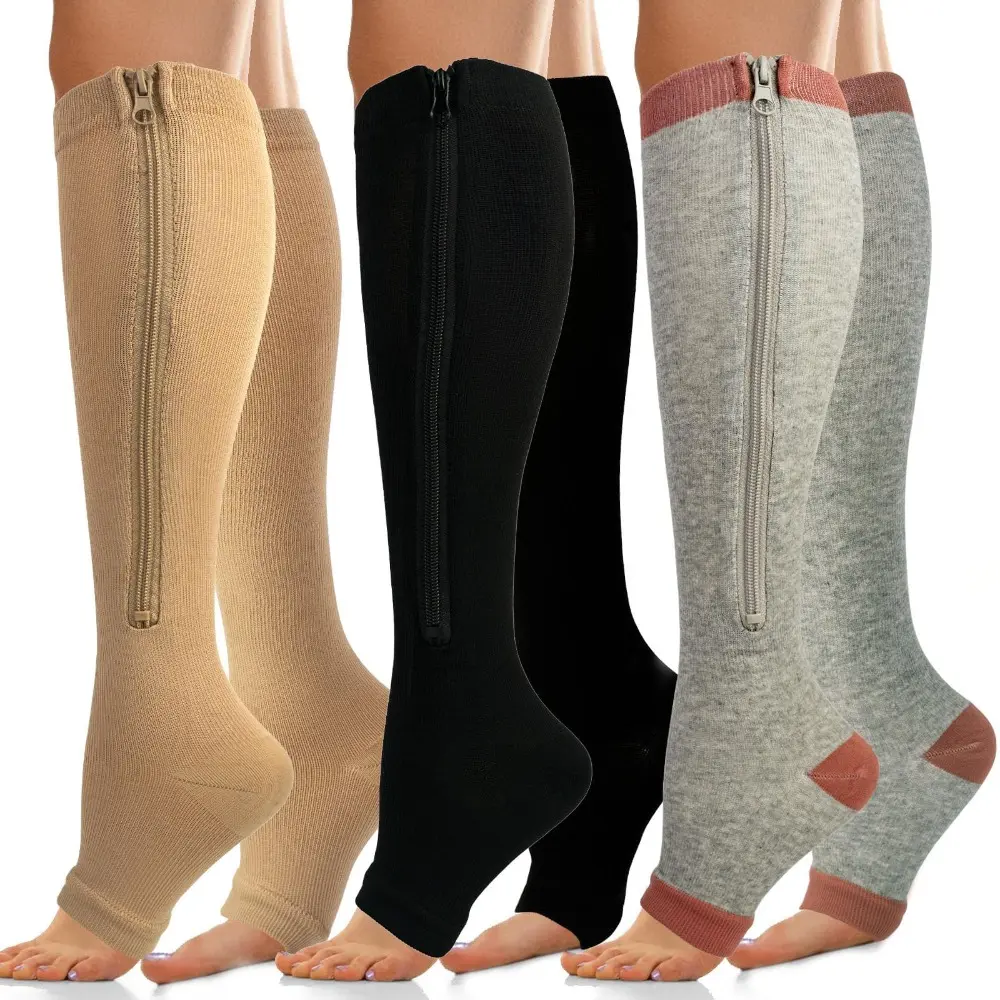 Unisex Zipper High Compression Socks, Open Toe Design with Zipper for Easy On/Off, for Sports, Travel, Office Workers Who Sit for Long Periods
