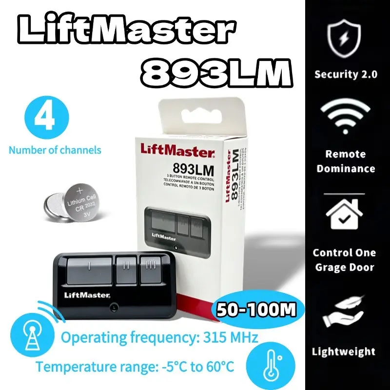 Liftmaster 893lm Garage Door Remote Control, 3-Key Rolling Code, Universal 315/390mhz, Metal Enclosure, Button Cell Battery Included