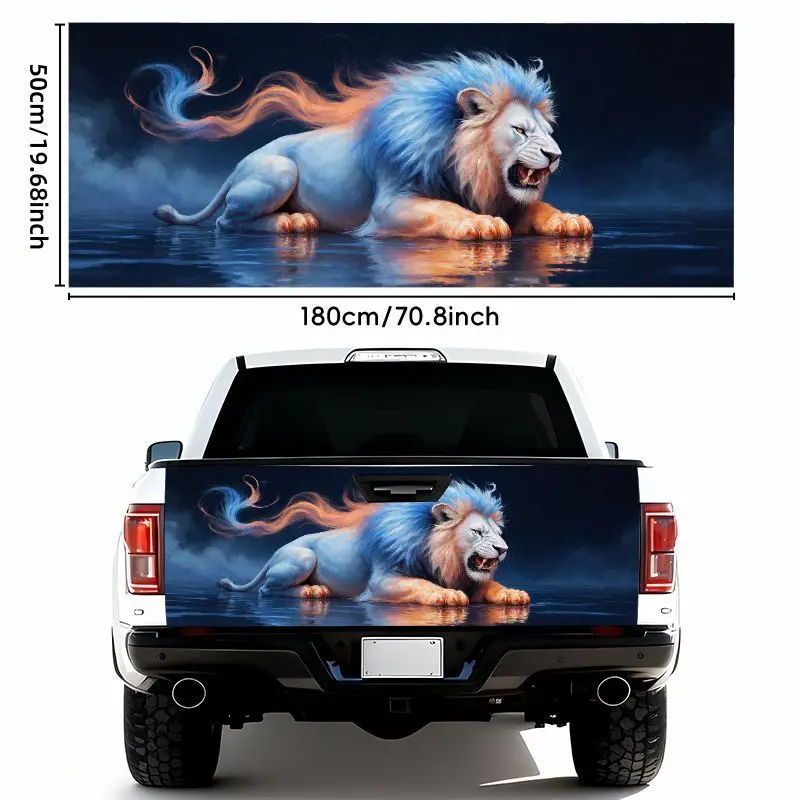 1pc a 19.69*70.87inch Majestic Lion Car Sticker Featuring a White And Blue Mane, an Orange-Tipped Blue Fur Tail, Open Mouth Fangs, a Reflective Water Scene, And Is Waterproof, Self-Adhesive, And Weather Resistant, Perfect for Car Tailgate Bumpers