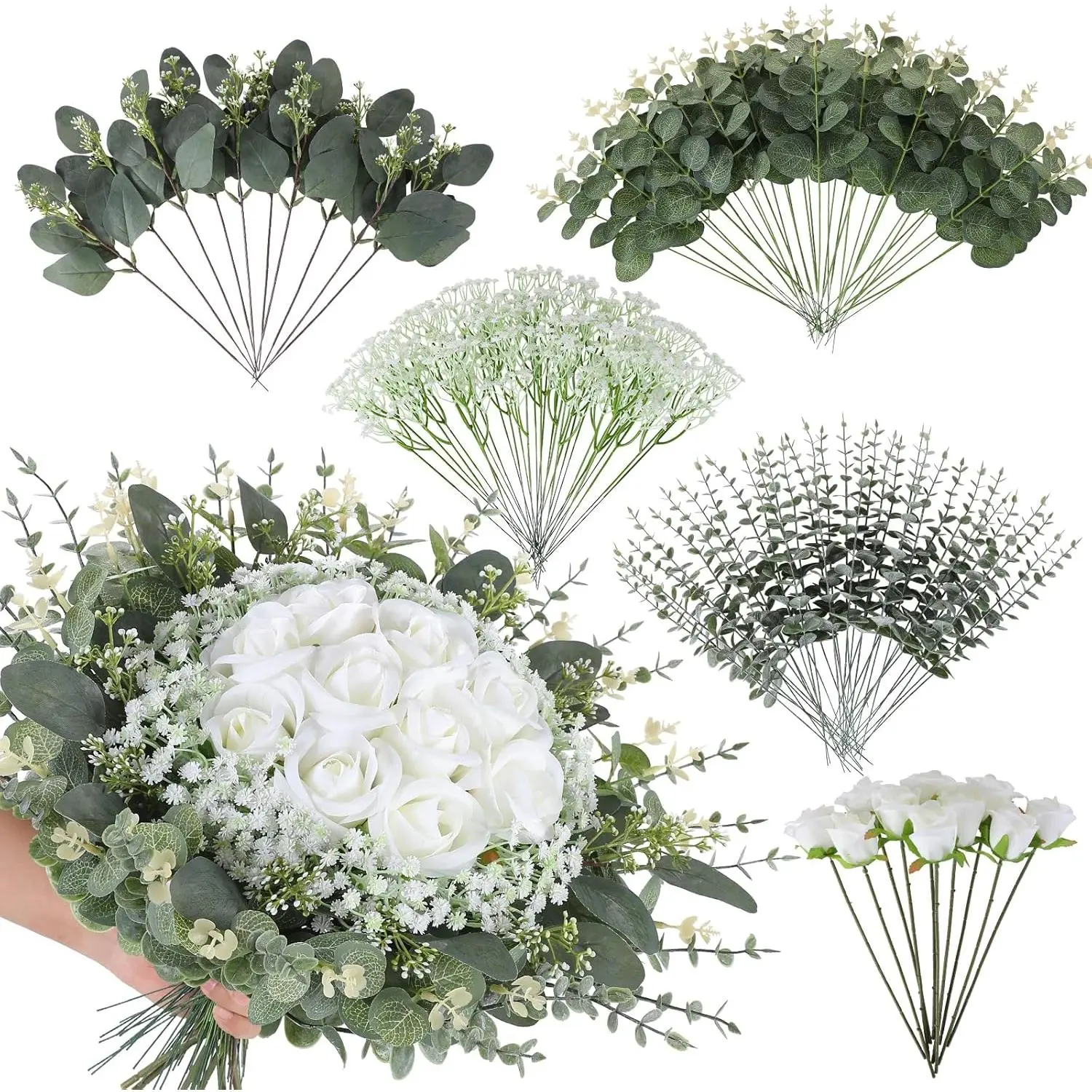 LUWENER 120-Piece 5-Kind Mixed Artificial Eucalyptus Leaf Stems Set, Bulk Fake Silver Dollar Leaves Faux Greenery Branches for Wedding DIY Bouquets, Table Decoration & Home Plants, Silk, 120Pcs