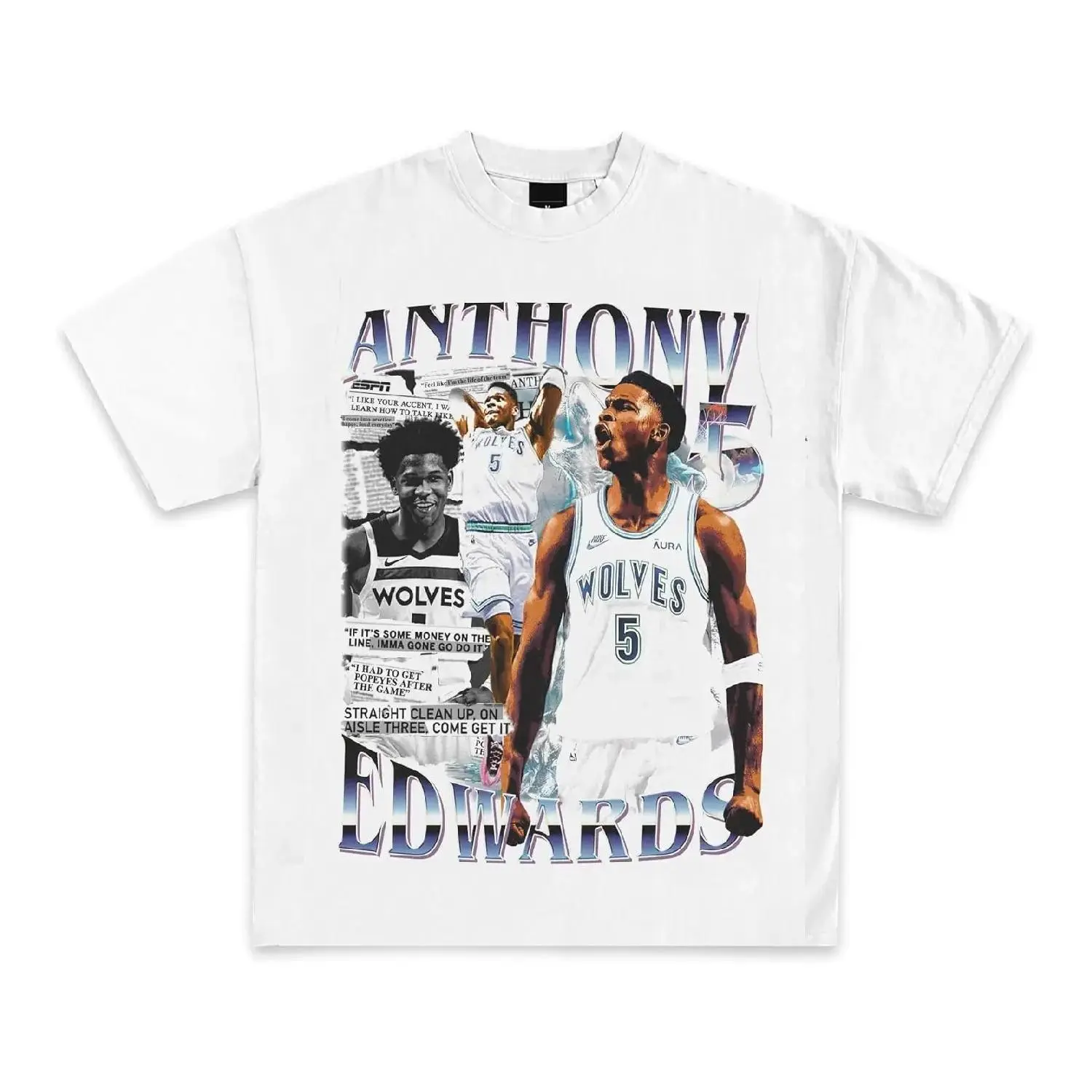Anthony Edwards Newspaper Graphic T-Shirt  Y2K Vintage Basketball Rap  Premium Heavyweight Shirt for  & Women Crewneck Comfort