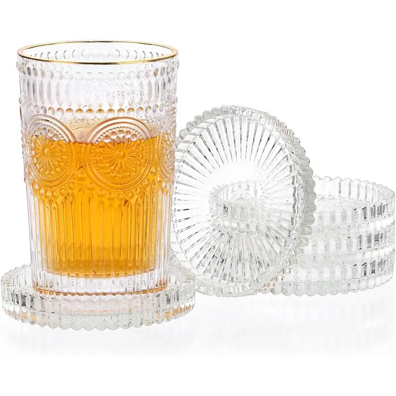 Transparent glass coasters, suitable for crystal round table protection mats, equipped with glass coasters, suitable for office and decoration, suitable for kitchen, dining room, living room, terrace and holiday table layout, Drink Coasters