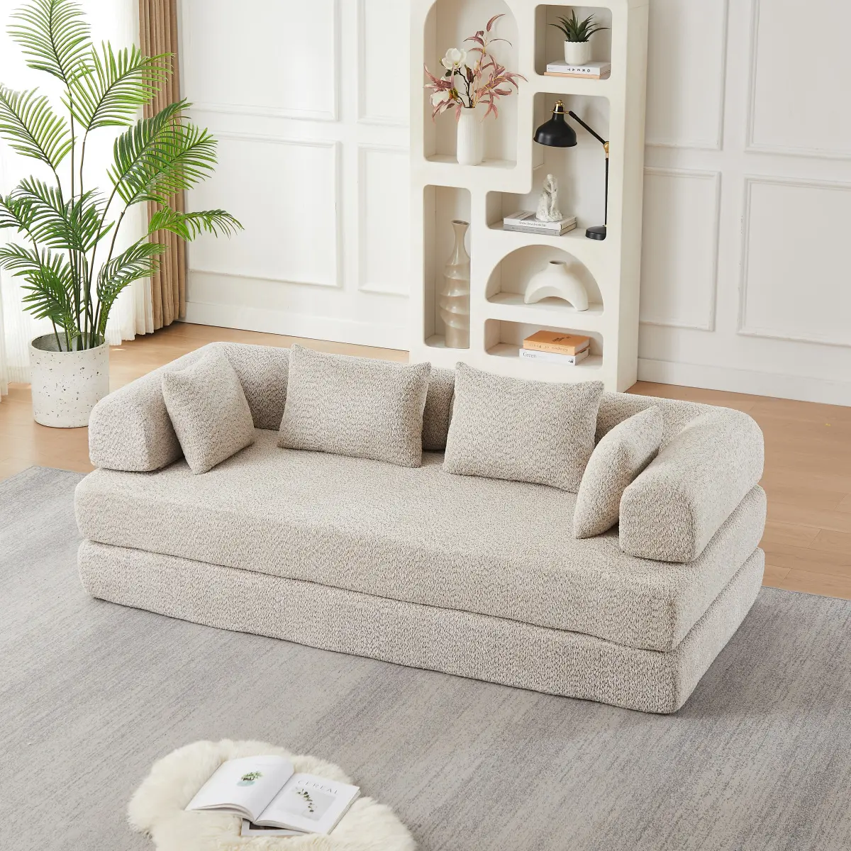 [Bellemave] 78.9-Inch Convertible Chenille Sleeper Sofa with Folding Mattress, 2 Back Cushions, 2 Throw Pillows & Removable Armrests, Ideal for Floor-Standing Lounge Use