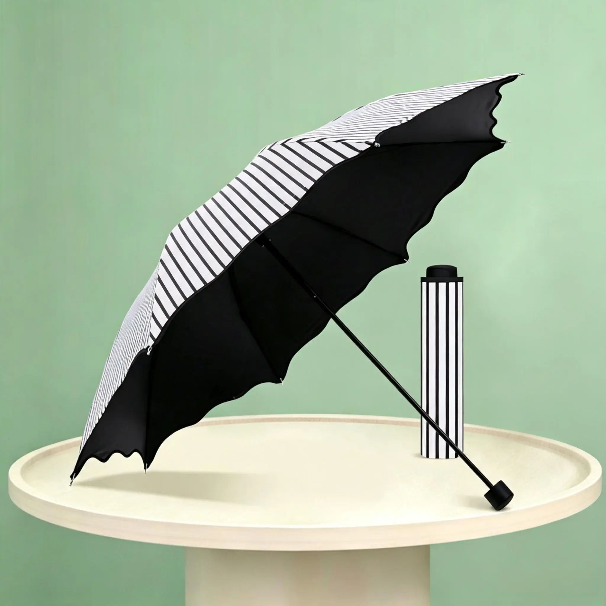 Striped Folding Umbrella, Glue Coating, UV-Block Sun-Rain Dual-Use Parasol, Lightweight Portable Design, Ideal for Outdoor Activities