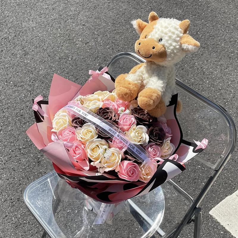 34 DIY Rose Artificial Flowers Cow Plush Doll Bouquet, Artificial Roses Bouquet, Unique Handmade Gift for Special Occasions, Beautiful Decorative Floral Arrangement