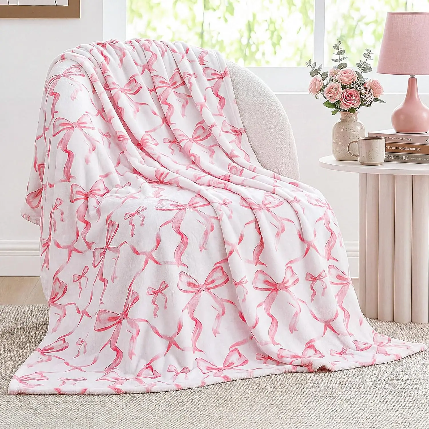 Bow Throw Blanket - Ultra Soft Flannel Weave Coquette Aesthetic Blanket, Multi-Size, Long-Lasting Print, for Women’s Couch & Bed Decor, Home & Travel Use, Spring Back to School Gift, Vibrant Bow