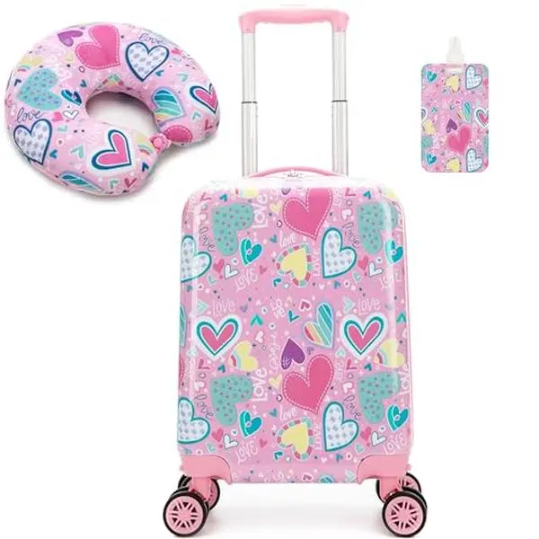 Kids Spinner Luggage Set Girls Hard Shell Suitcase with Travel Neck Pillow Luggage Tag Pink Heart Love Theme Trolley Case