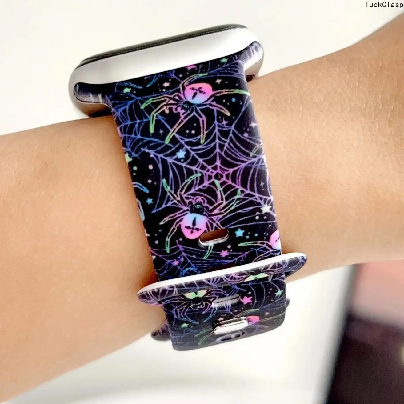 Holographic Rainbow Spider Web Halloween Silicone Watch Band Compatible with Apple Watch, Black Base with Colorful Gradient Spider and Star Print, Waterproof Wristband Compatible with All Sizes, Gothic Punk Spooky Strap for Teens and Fall Outfits