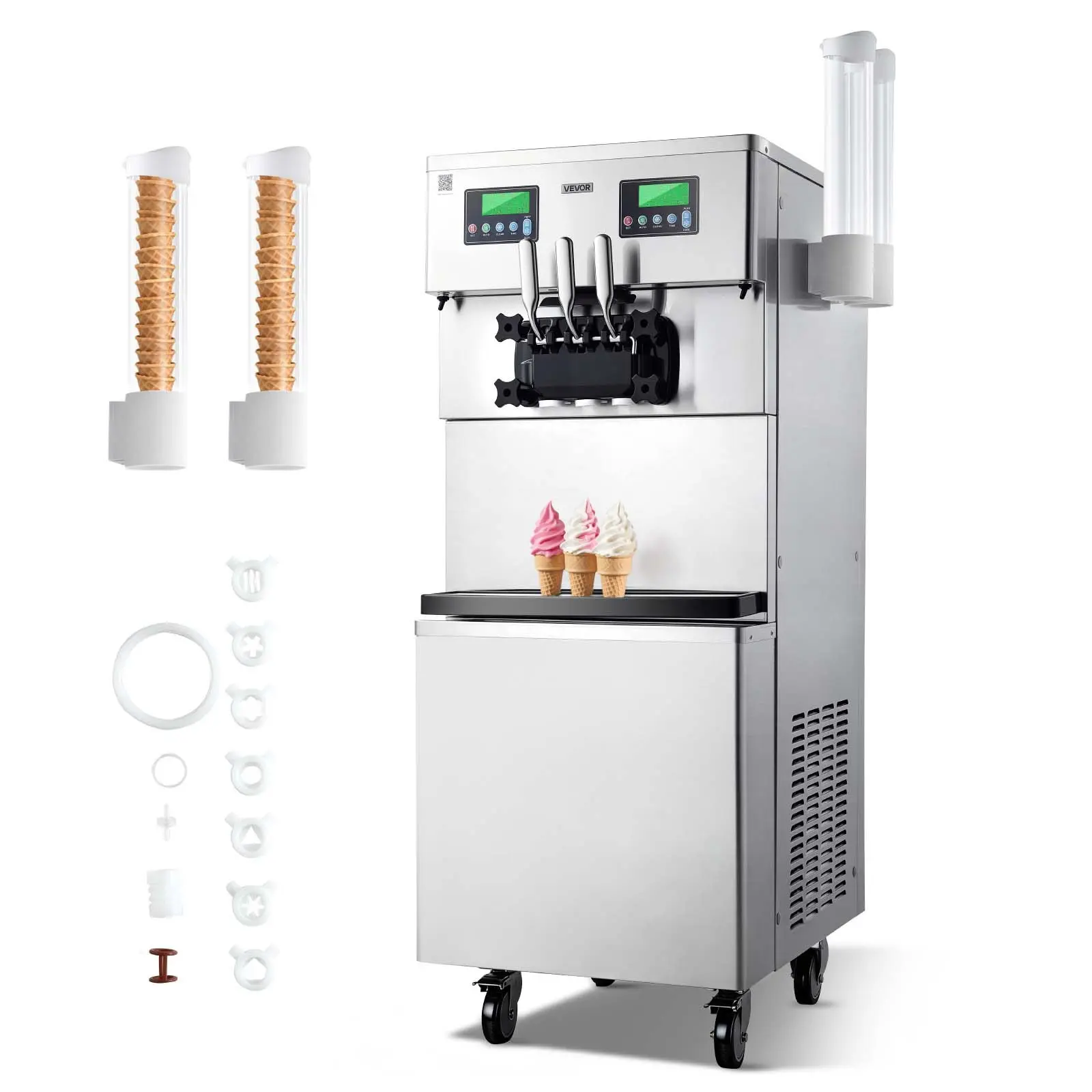 【Black Friday】VEVOR Commercial Ice Cream Machine, 34-44L/H Yield, Dual-Compressor Freestanding Soft Serve Ice Cream Maker with 2*10L Hoppers 3 Flavors, Pre-Cooling Puffing Low-Mix Alert for Snack Dessert Shops