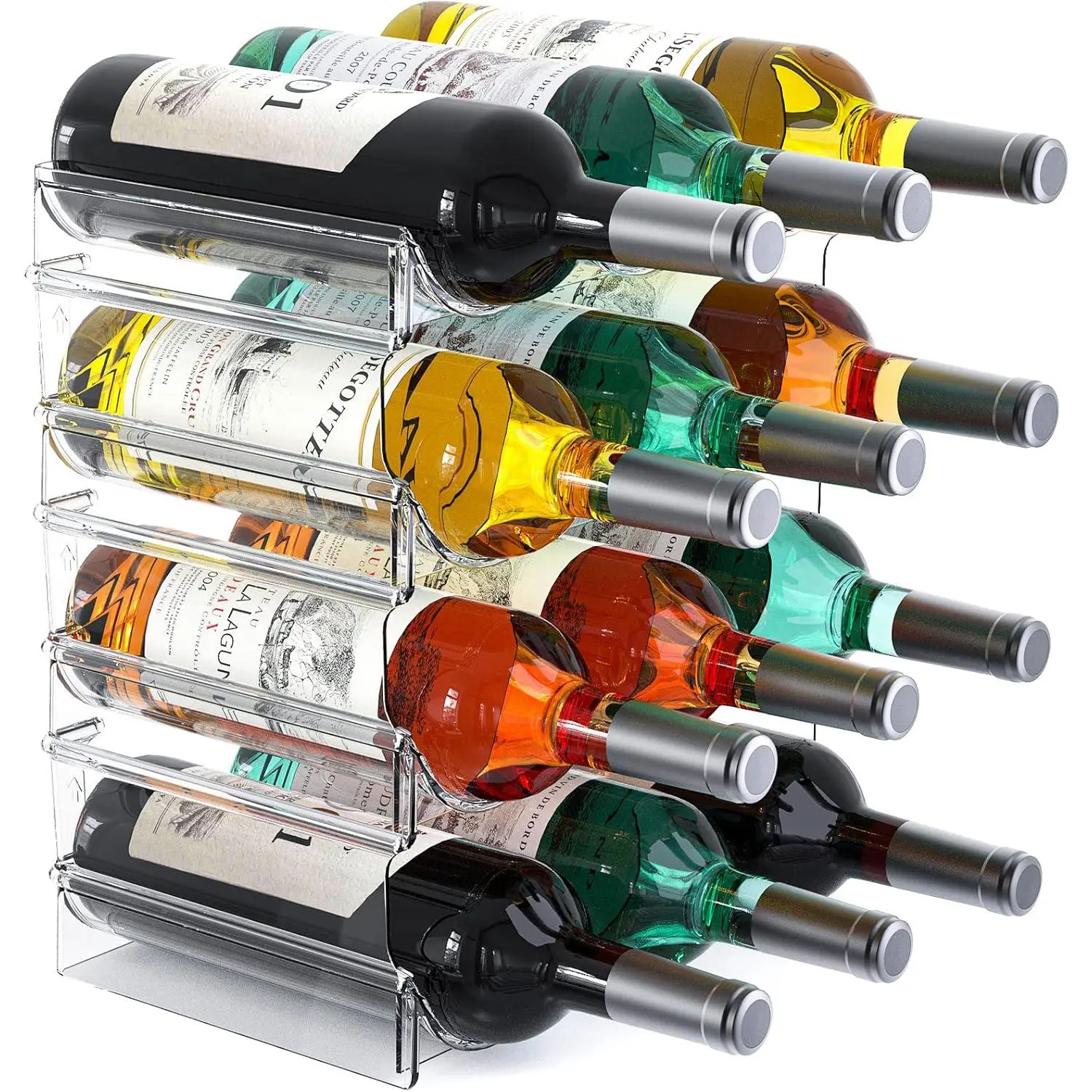 Plastic Water Bottle Organizer and Wine Rack Storage Holder,4 Tier 12 Containers Stackable Free-Standing Bottle Storage Rack for Kitchen Countertops, Table Top, Pantry, Bars, Cabinets, Fridge - Clear