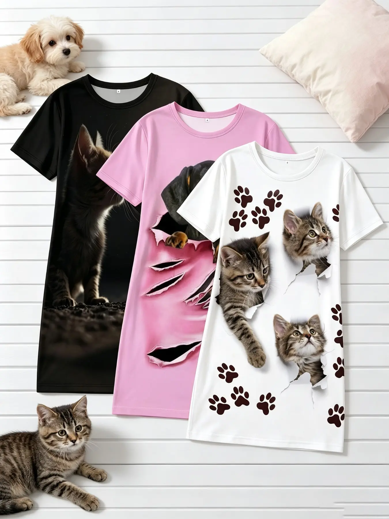 Women's Nightgowns 3 Pack Value Matching Set 3D Realistic Cat Kitten Paw Print Summer Short Sleeve Crew Neck Soft Breathable Lightweight Stretchy Sleep Dress Home Lounge Casual Daily Wear Multipack Sleep Set