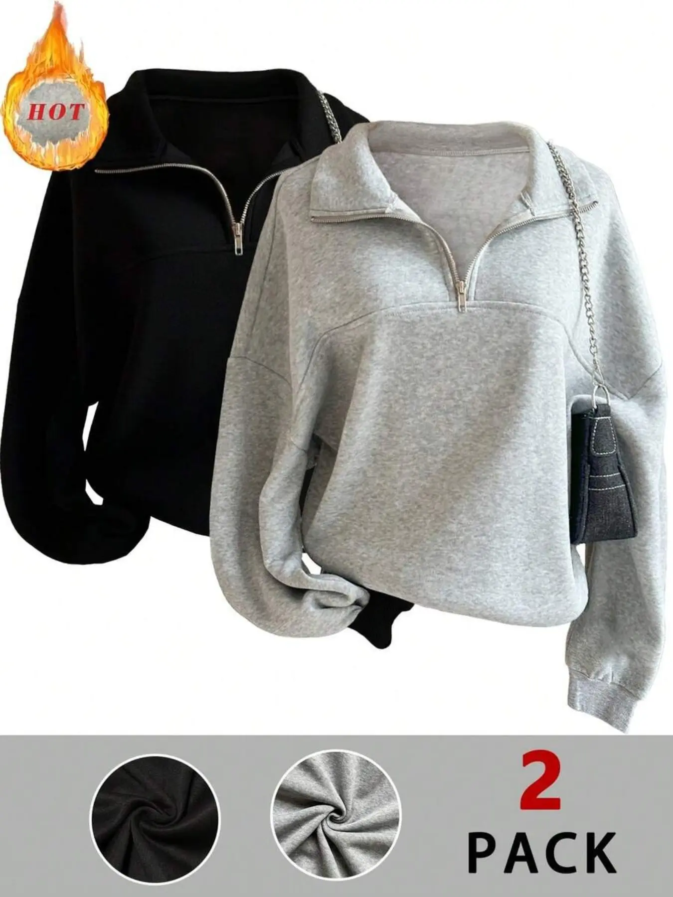 2-Pack Women's Basic Plain Half-Zip Stand Collar Sweatshirt, Casual Everyday Long Sleeve Loose-Fit Baggy, Fall & Winter Essential, Unlined Zipper Design