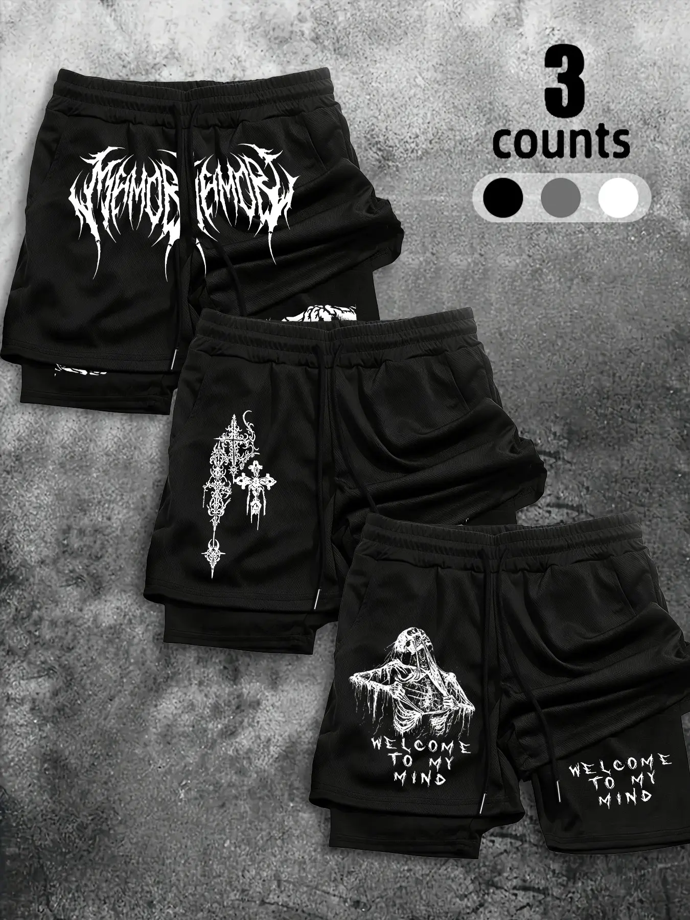 3-Pack Men's Punk Cross Skull Print Graphic Shorts, Quick-Dry Loose Fit Street Style, Unlined Fitted Pants, Subculture