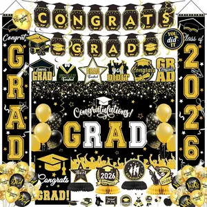 Graduation Decorations 2026 Black Gold Set - Banner, Backdrop, Porch Banners, Cake Toppers, Hanging Swirls, Honeycomb Centerpieces, Balloons, Garden Flags for Graduation Party Supplies