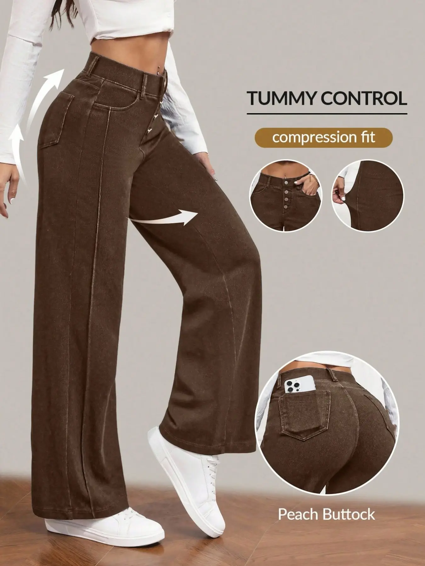 Women's High Waist Five Button Deep Coffee Elastic Wide Leg Jeans, Tummy Control Retro American Style, Casual Indoor Fashion Long Pants Bottoms