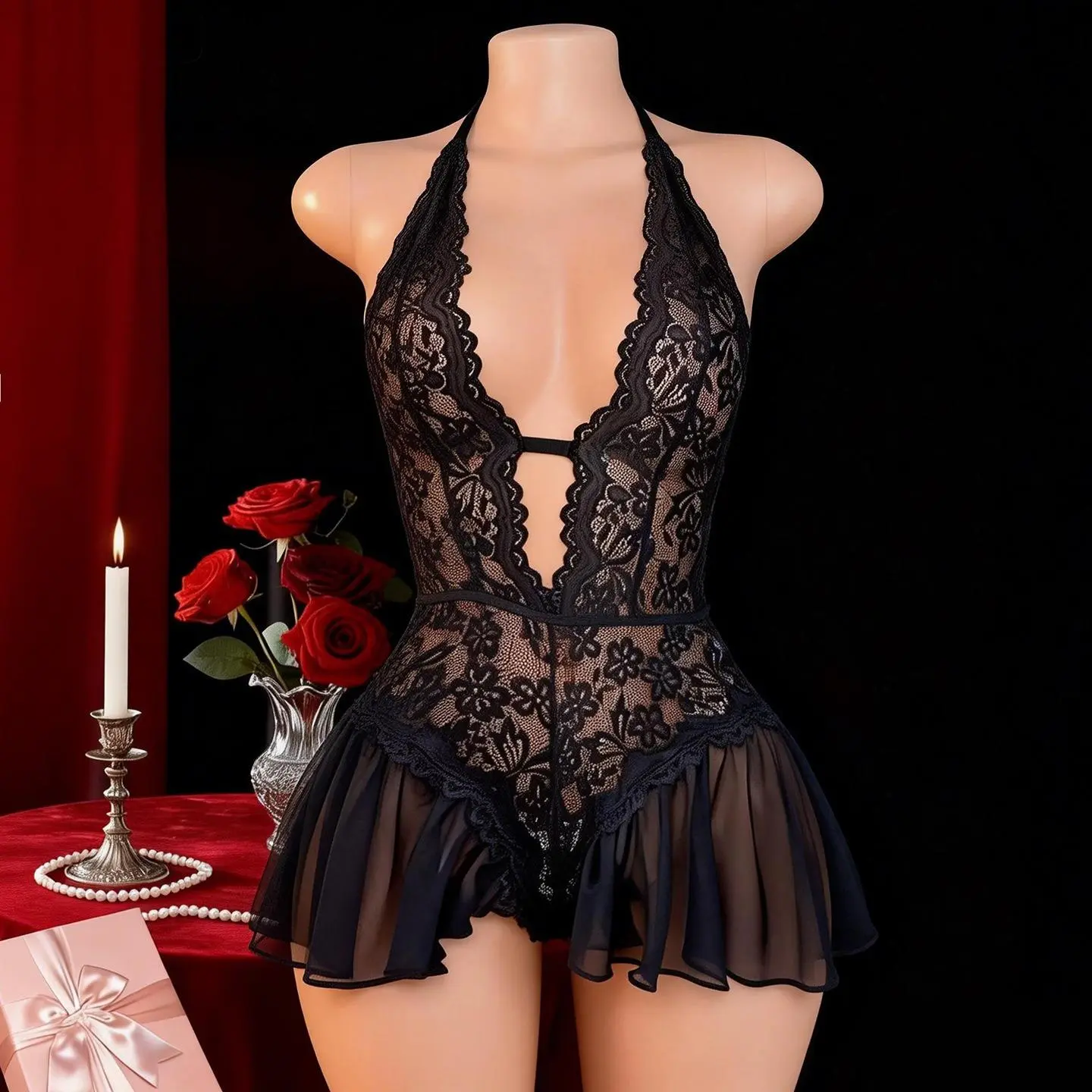 Women’s Plus Size Lace Deep V Neck Bodysuit, Sexy Elegant Sheer One-Piece Lingerie Teddy, Y2K European & American Style Stretch Open-Back Romper, Romantic Slim Fit Sleepwear & Nightwear Outfit, Soft Comfortable Lightweight Intimates for Date Night, Bedroo
