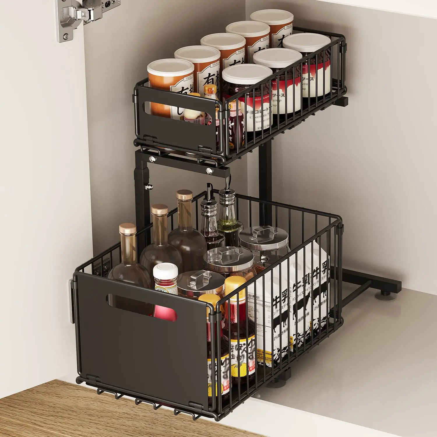 Carbon Steel L-Shaped 2-Level Sliding Sink Storage Shelf - Height Adjustable 41-48.5 cm, Mesh Baskets, Sliding Access, Without Drilling, 38x26.5 cm for Kitchen Cabinets, Kitchen/Bath Use, Modern Refined