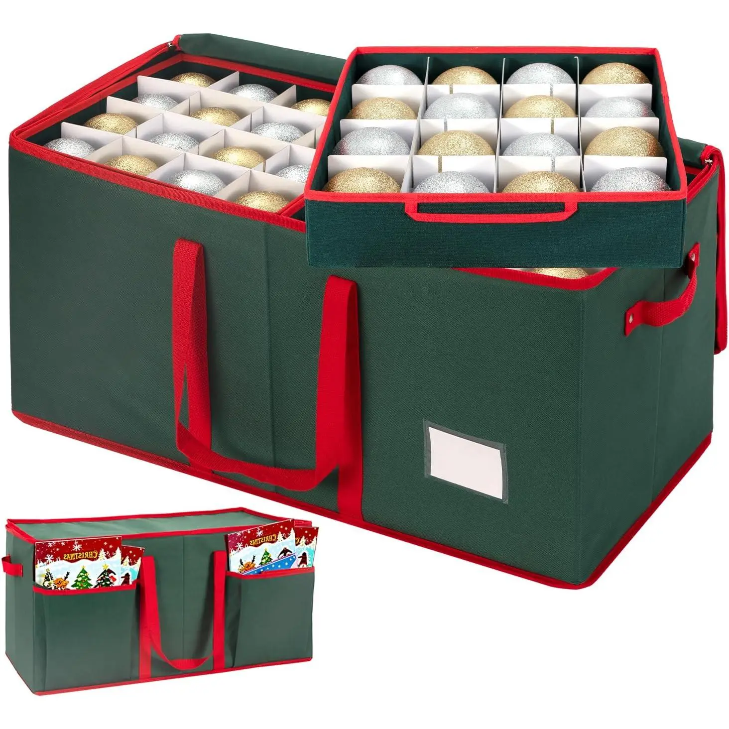 Christmas Ornament Storage Box with Adjustable Dividers, Christmas Ornaments Organizer with Zippered Top, Storage Container Bin with Side Pockets for Holiday Decorations (128 Balls, Green, with Tray)