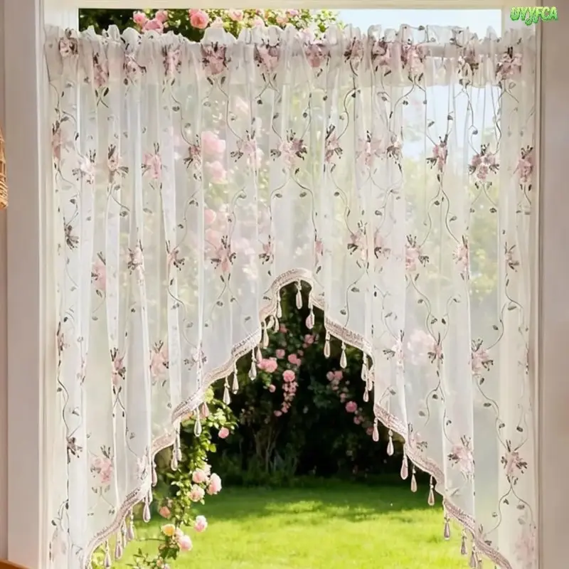 Sheer Voile Swag Valance Curtain, Cottagecore Vine Pattern Window Treatment, Scalloped Trim Beaded Pearl Tassels, Aesthetic Bedroom Girl Room Home Decor