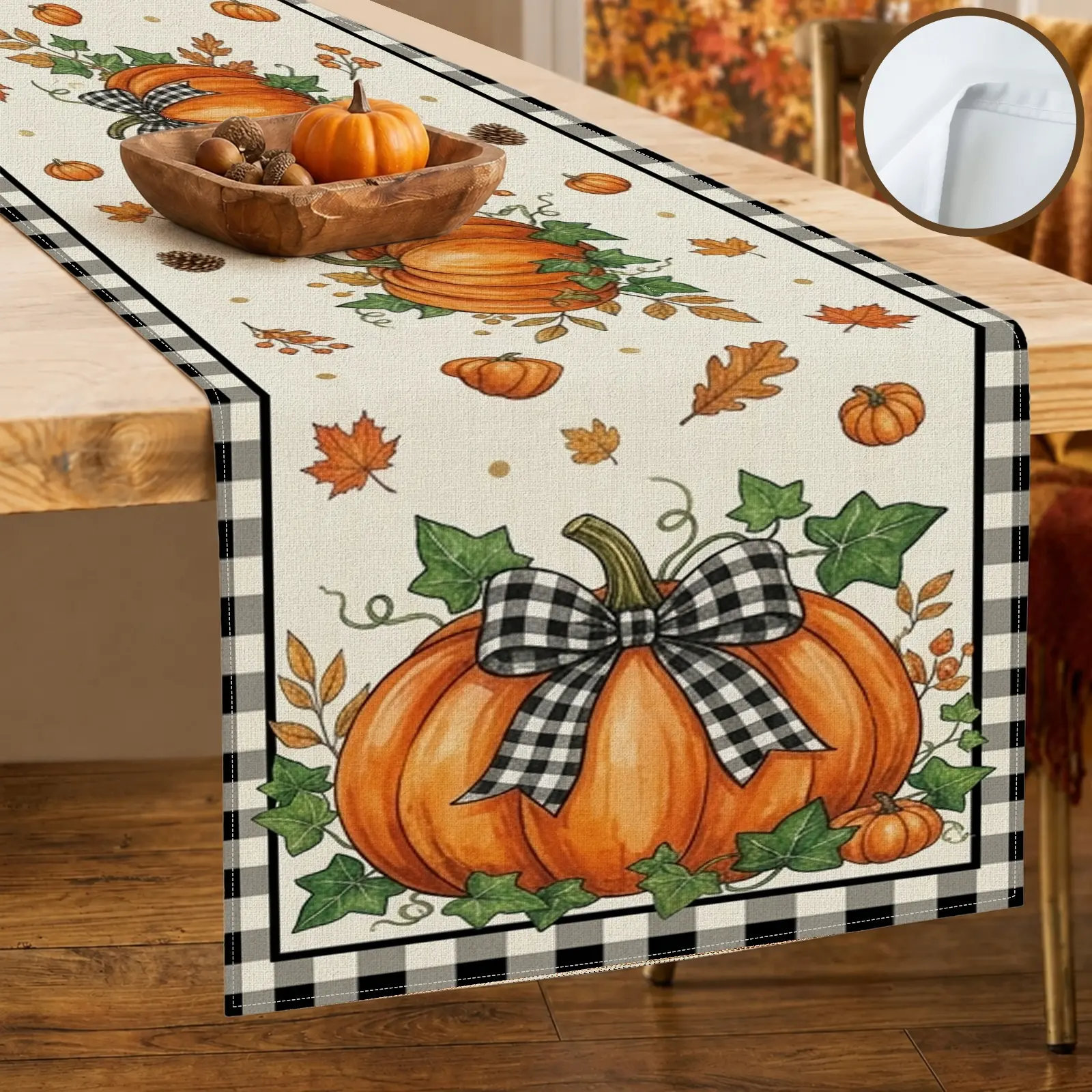 1pc Pumpkin Maple Leaf Acorn Table Runner, Rustic Fall Style, Printed Pattern with Black and White Checkered Border, for Dining Table Kitchen Decor Home Decor Thanksgiving Dinner