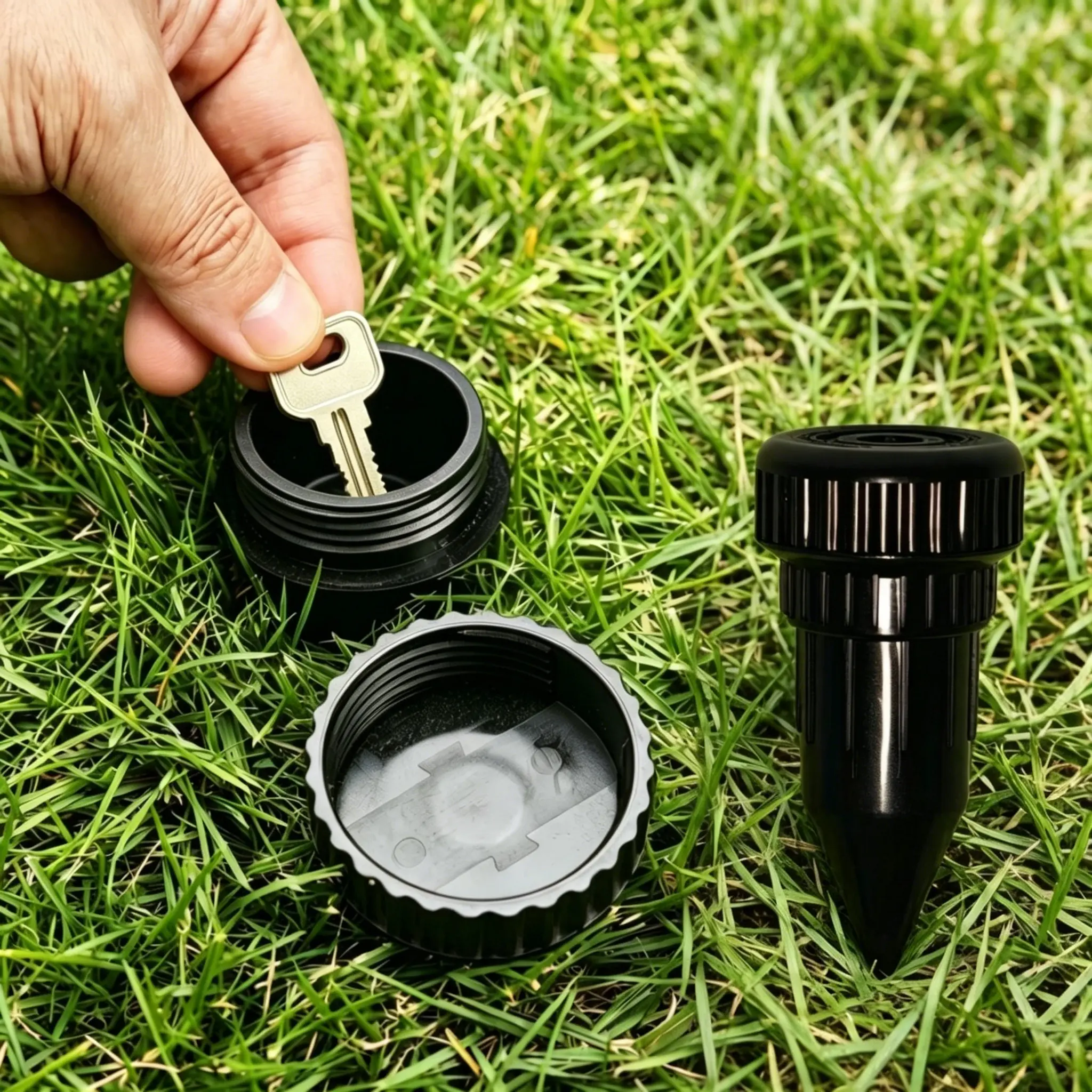 Realistic Lawn & Yard Underground Spike Key Safe, Outdoor Garden Sprinkler Disguised Key Hider, Water Proof Insect-proof Spare Key Storage Box, Durable Plastic Easy-to-Insert Patio Security Key Box