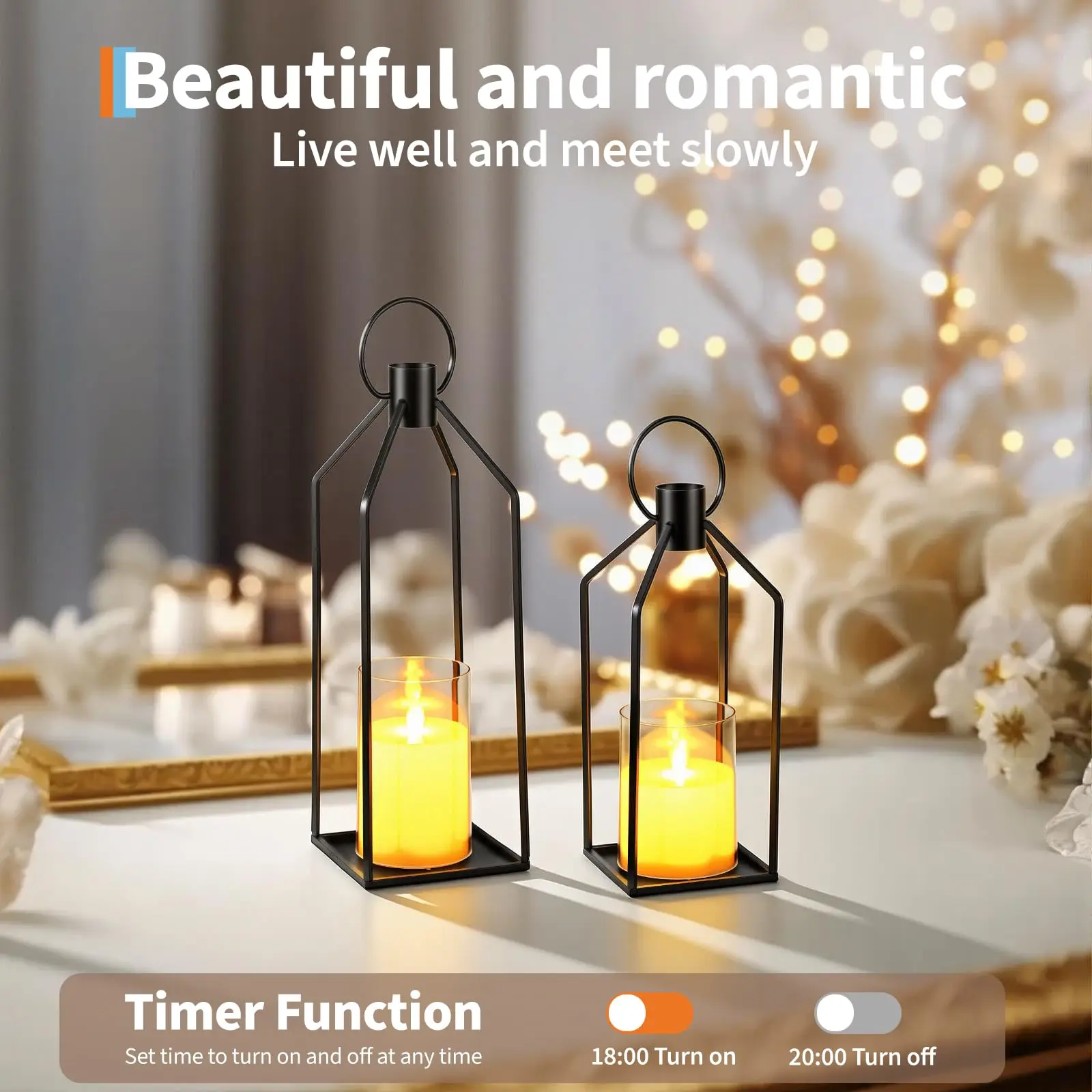 Set of 2 Gold Metal Flameless Lanterns – Choose 12+15in or 19+22in. Includes Flickering LED Candles with Built-in Timer. Weatherproof Indoor Outdoor Decor for Porch, Dining Table, Fireplace, or Living Room