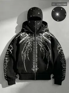 Rhinestone Gothic skeleton men's hoodie zipper sweatshirt with two hoods, same style for men and women, geometric aesthetic line cardigan jacket, men's fleece warm autumn and winter men's jacket, street style brand zipper shirt, punk rock sweatshirt, Y2K
