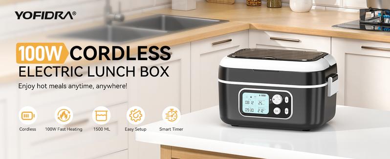Yofidra Cordless Heated Lunch Box, 24000mAh 100W Electric Lunch Box with Smart Timer, 6.3-Cup Super Large Lunchbox for Men & Women, Portable Food Warmer with Insulated Bag for Outdoor/Office, Black