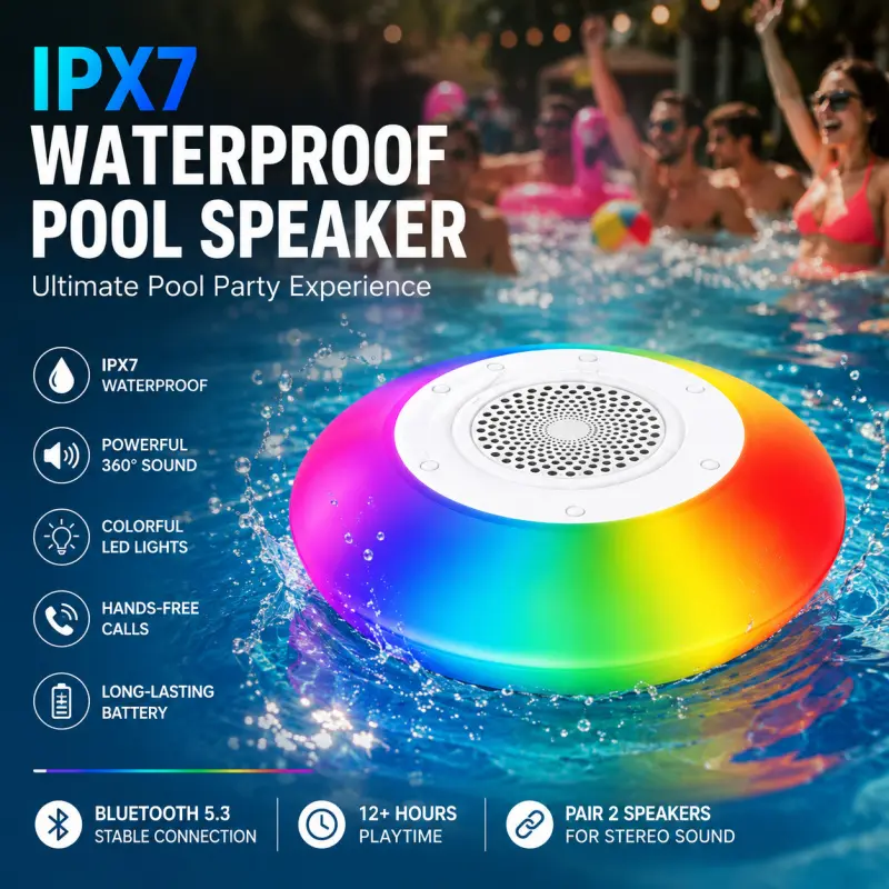 Wireless Speaker with Colorful Lights IPX7 Waterproof Floating Pool Device, Portable Wireless Sound for Shower, Hot Tub, and Outdoor Use