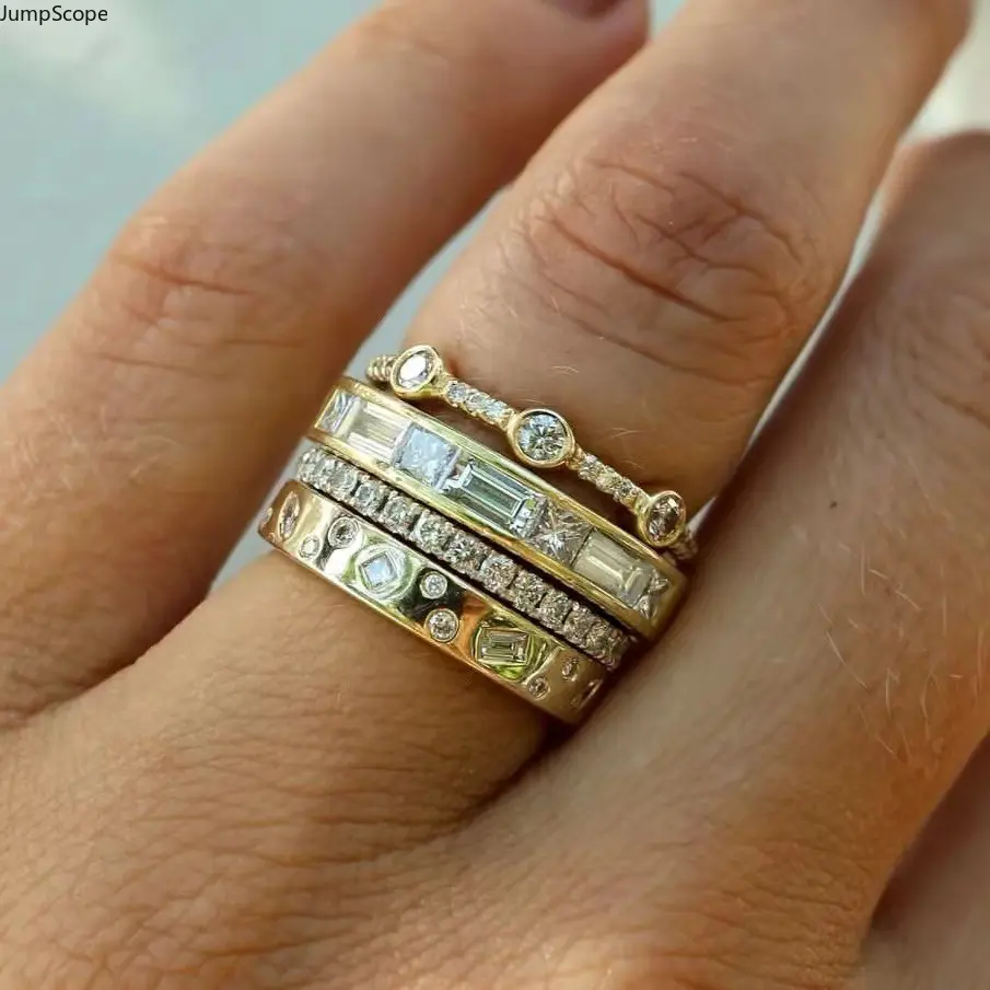 14K Gold Plated Multi Shape Round & Baguette CZ 4Pcs Stackable Ring Set For Women, Bezel Pave Dainty Mix Match Stack Bands For Quiet Luxury Daily Valentine Birthday Gift