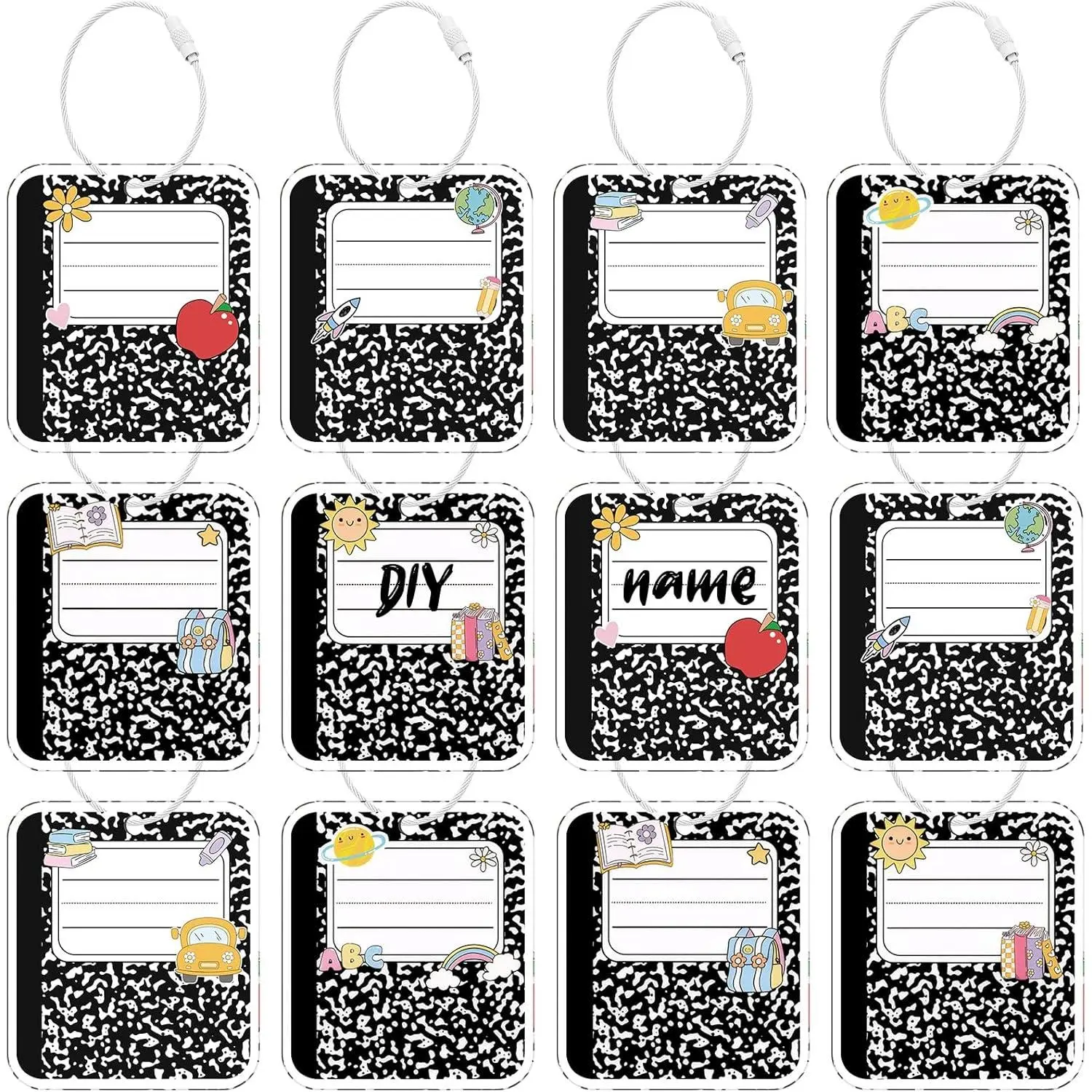 12 count Composition Notebook  Tags  Luggage Tag for Bag | Teacher Bag Tag, Name Tags for Classroom, Backpack Tags for  School, Classroom Elementary   Supplies