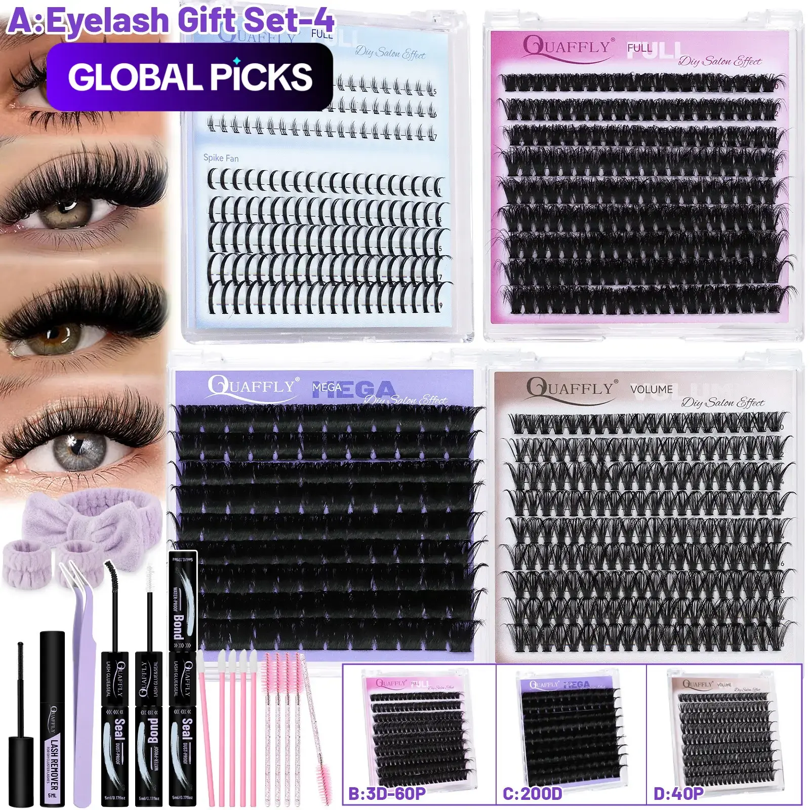 Quaffly A:4 Pack Eyelash Kit, Eyelashes Extension Kit, Including Eyelash Glue, Eyelash Remover, Eyelash Curler, Eyelash Brush, Diy Lash Tools, Eye Makeup Tool for Women, Cosmetic Eyelash Set/B:3D-60D #GLOBAL PICKS