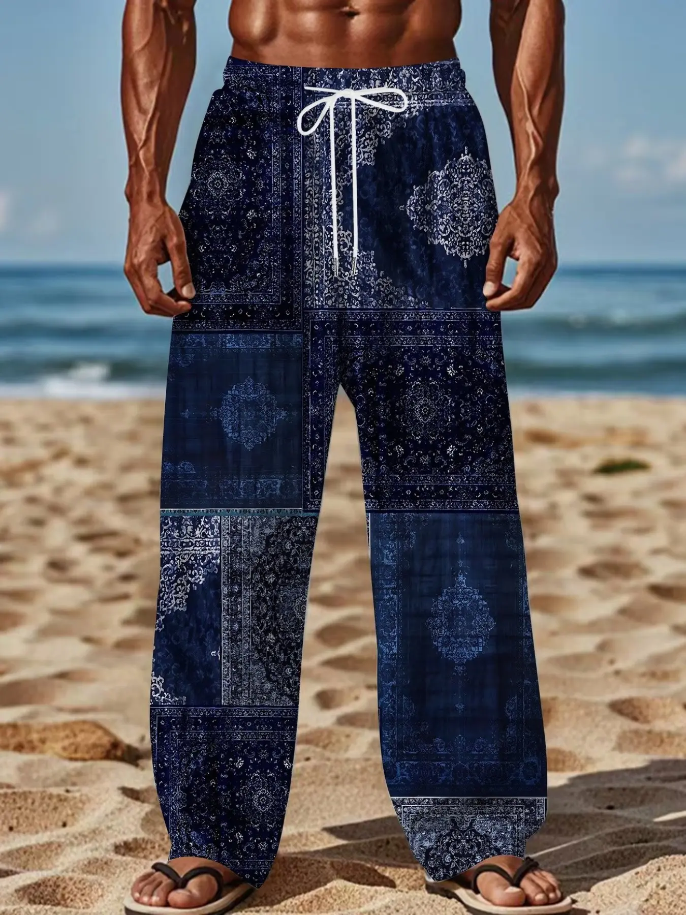 Men's Vintage Boho Patchwork Print Pants, Elastic Waist Drawstring, Loose Fit Beachwear, Fall Casual Long or Regular Length