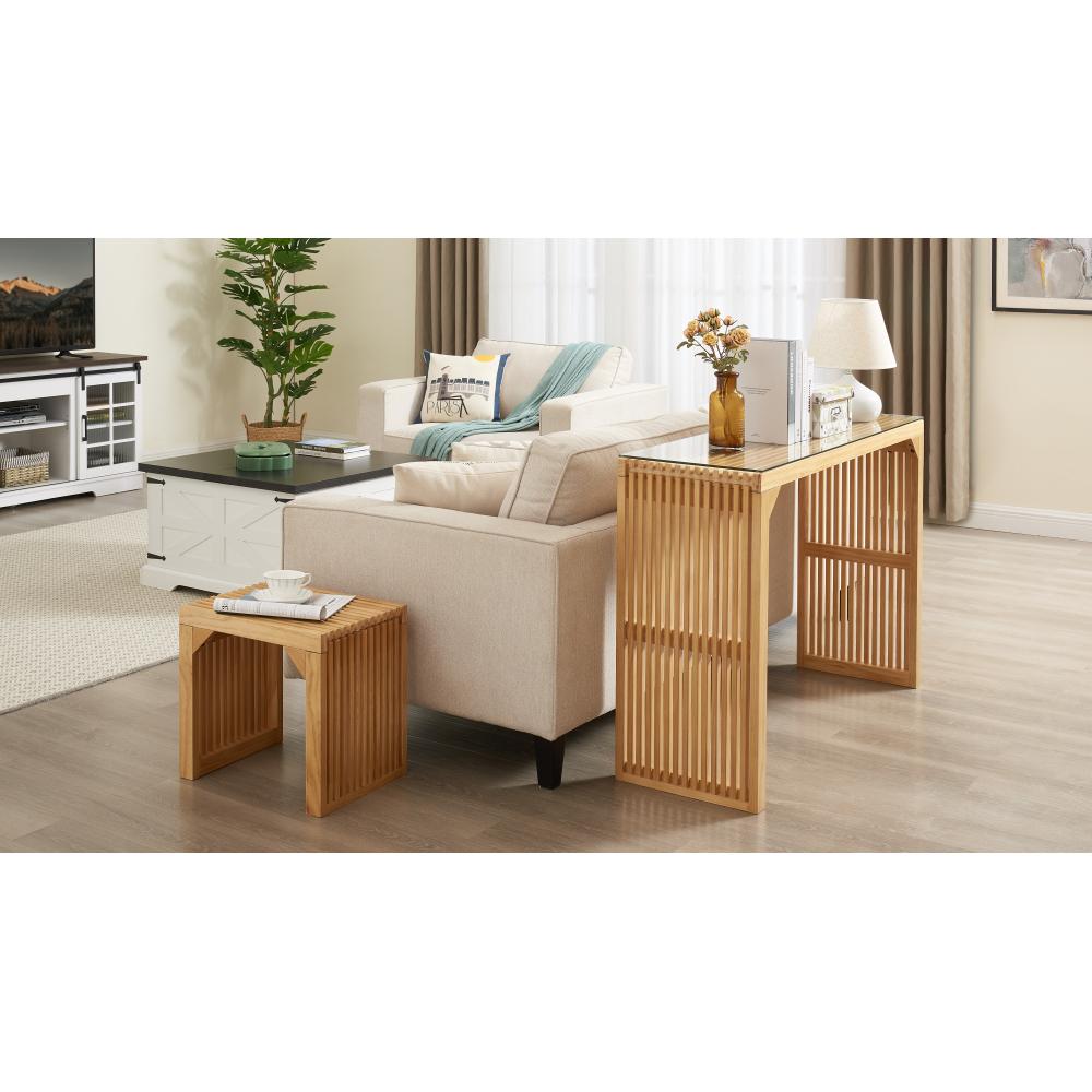 Natural Pine Dining Bench and Table Set – Versatile Indoor Wood Furniture for Entryway, Living Room, Kitchen, and Bedroom – Includes Small Tempered Glass Top