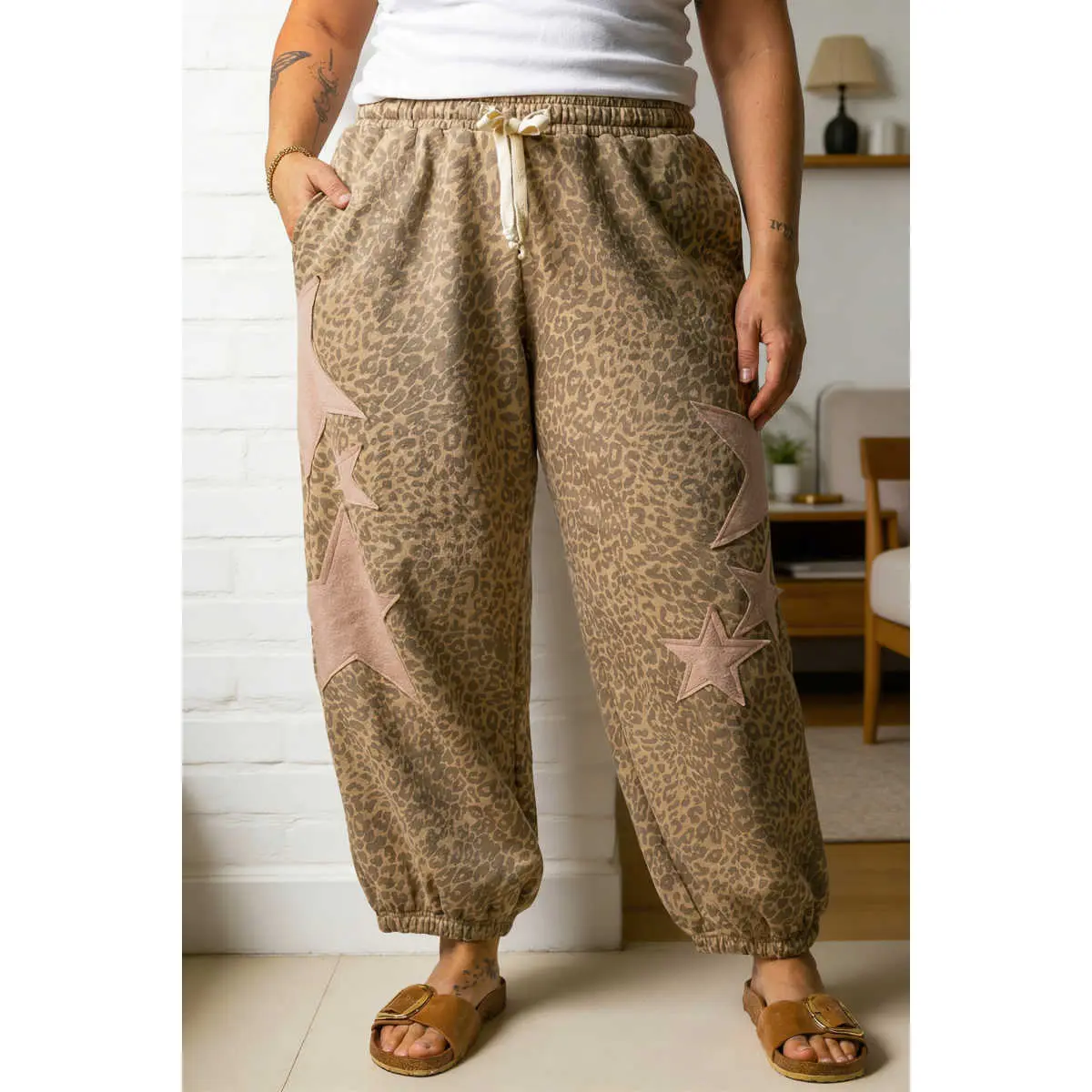 Women's Plus Size Western Star Patch Leopard Print Jogger Bottoms - Elastic Drawstring Waist, Side Pockets, Comfortable Breathable Fabric Casual Wear Pants, Style, Loose Fit, Polyester, Plus Size Clothes, Pants For Women, Curvy Clothing, Drawstring Belt,,
