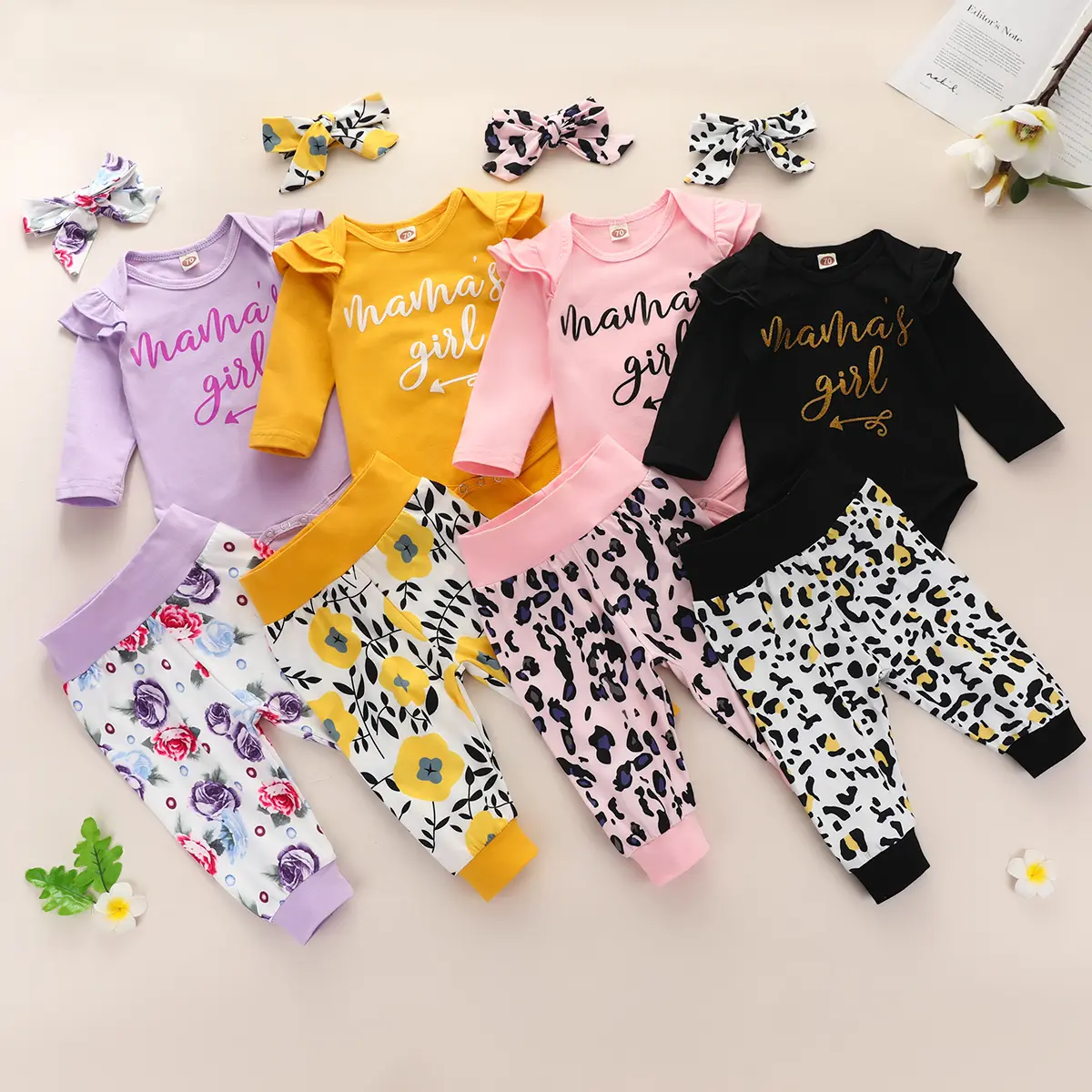 Baby Girls Clothing 3-Piece Gift Set - Long-Sleeved Printed Alphabet Romper, Flower/Leopard Printed Trousers, Bow Headband, Polyester Clothes, Girlset