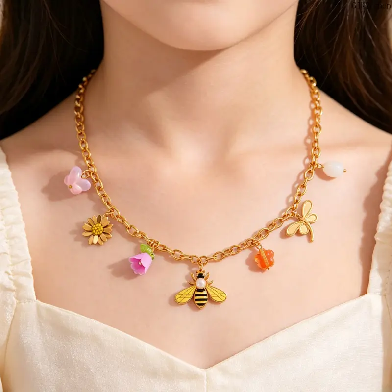 Gold Tone Bee Floral Charm Necklace, Stainless Steel Daisy Dragonfly Tulip Flower Pendant Chain Necklace, Cute Garden Women Jewelry