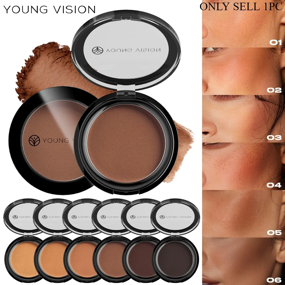 Matte Bronze Contour Powder Bronzer, Forehead and Nose Shadow All-In-One Palette, 6 Colors Available, Perfect for Natural Look Makeup