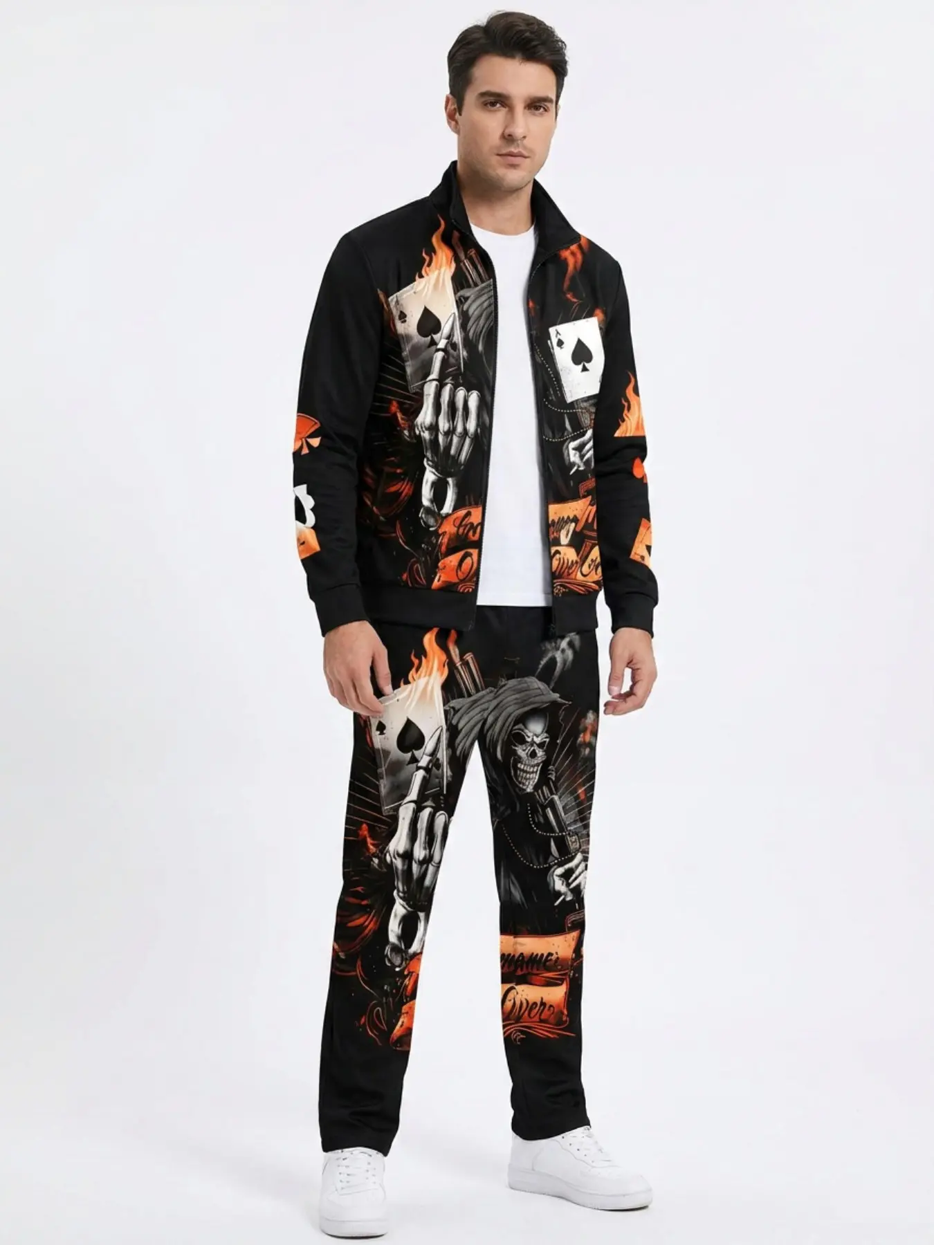 Men's Cool Skull Poker Print Suit, Unique Flame Pattern Stand Collar Casual Sport Two-Piece Set, Long Sleeve Slim-Fit Sweapants