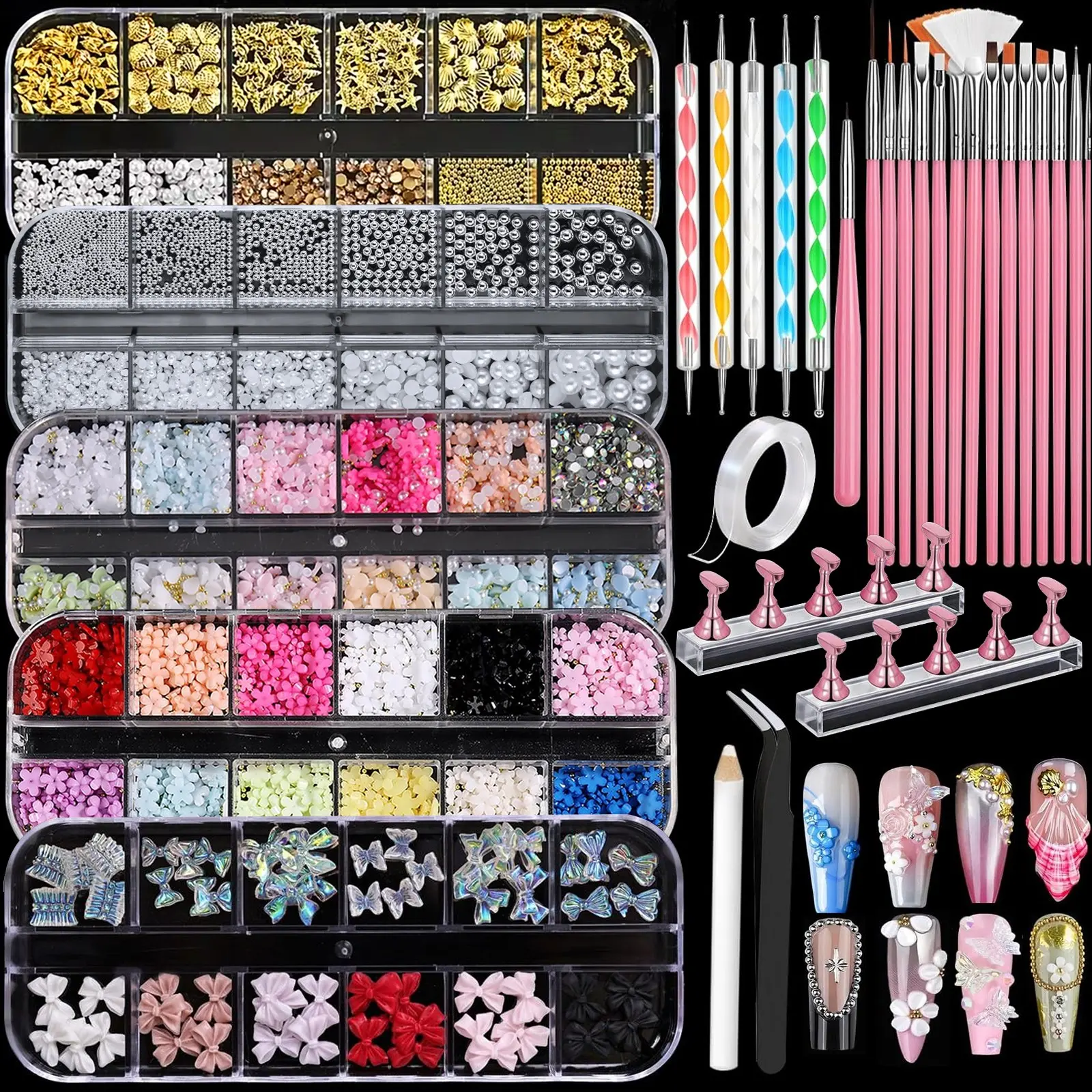 30pcs Nail Charms and Nail Art Tools Set, Nail Art Kit with 5 Boxes of 3D Nail Charms and Gems Rhinestones, 15 Pcs Nail Art Brushes, 5 Pcs Nail Dotting Tools, 2 Set of Nail Stand, Multi Shape Nail Art Accessories for Crafts, Manicure Accessory Set
