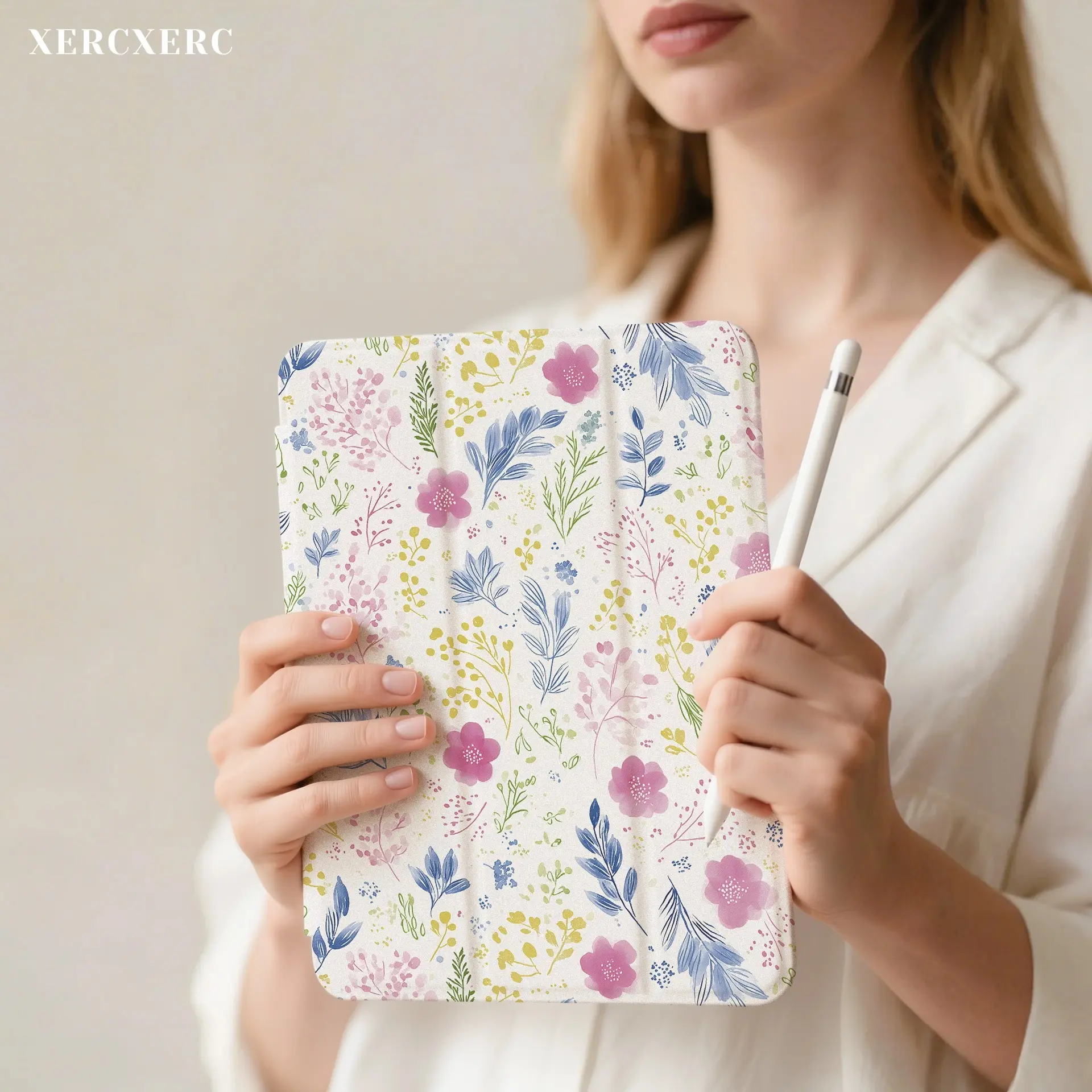 iPad case ipad accessories Watercolor Pink Floral Pattern PU TPU iPad Case - 3-Fold Stand, Pen Slot, Shockproof, Auto Wake/Sleep, Fall & Back to School Gift for iPad Air 11inch, A16, 9th/10th/11th Gen, fits iPad Pro 12.9/11/10.9, Air 10.9/10.5, Mini 8.3,