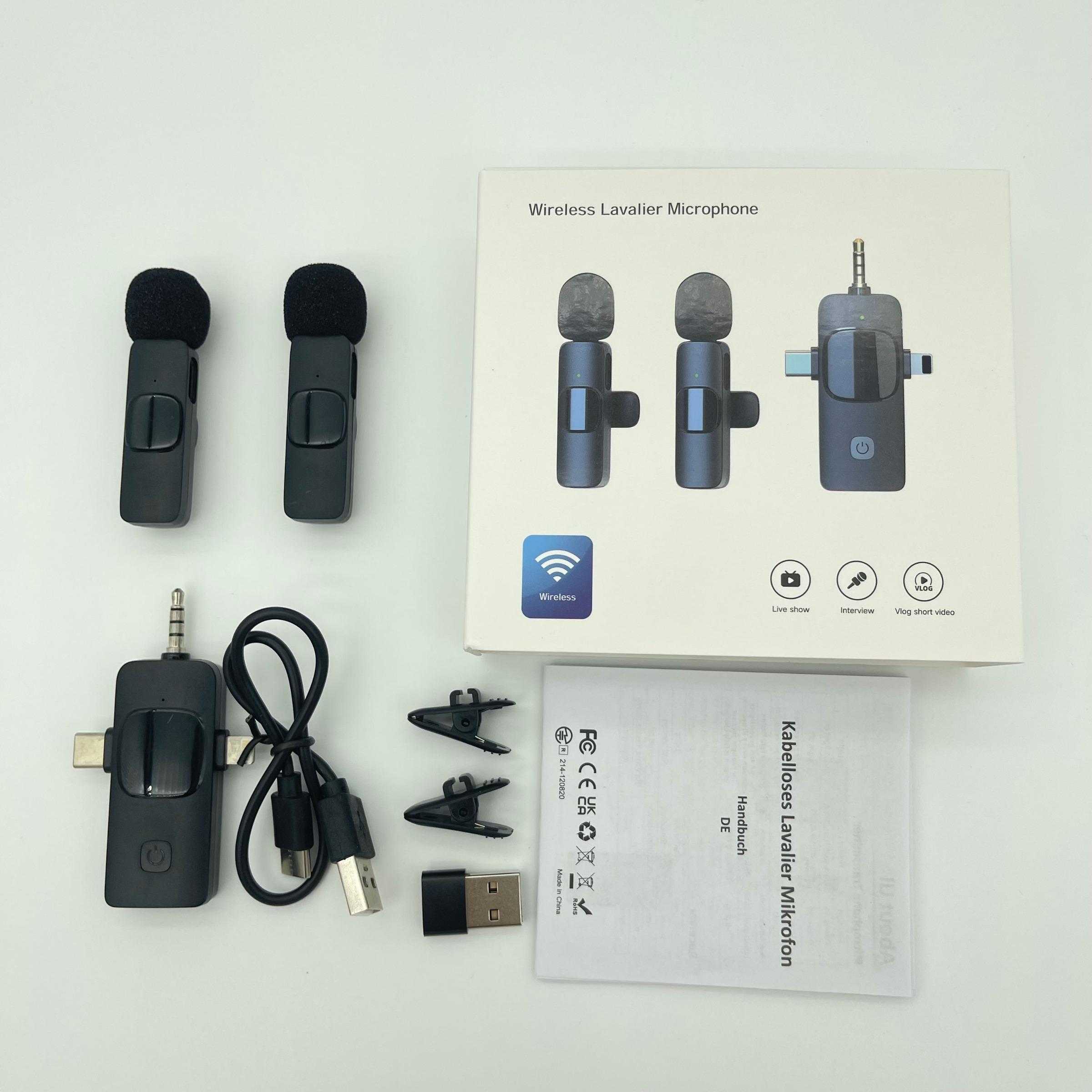 4 in 1 Wireless Lavalier Microphone, USB Rechargeable Wireless Microphone, Professional Wireless Lavalier Lapel Microphone for iPhone Android Phone, USB Streaming Mic