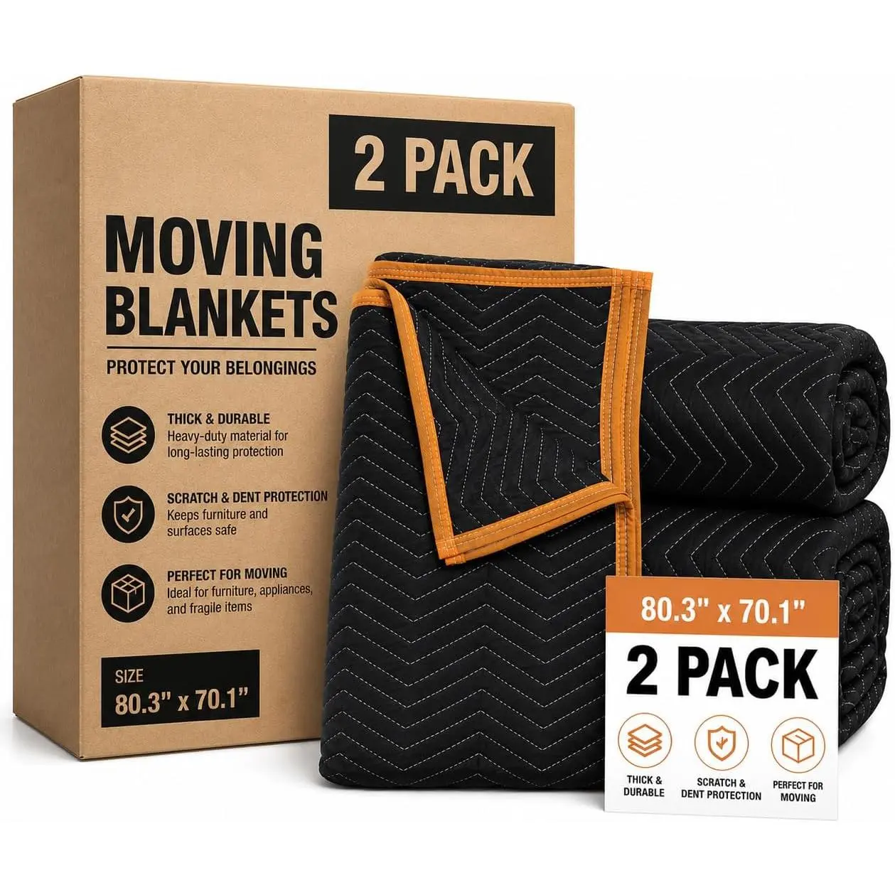 HELAOGUI Moving Blankets, 80 * 72 Inches, Black, 2-Pack