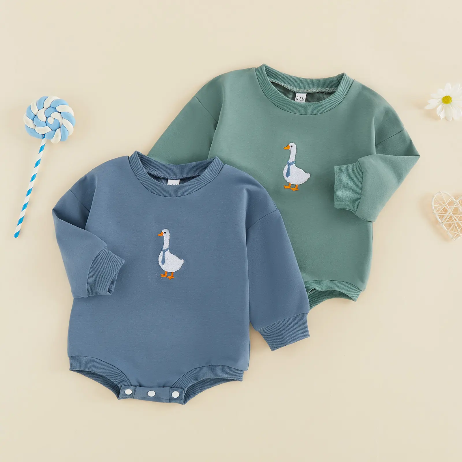 Babamoon Long Sleeve Goose Embroidery Bodysuit - Infant Newborn Boys' and Girls' Fall Romper Onesie Playsuit