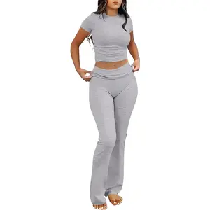 Lounge Sets for Women 2 Piece Foldover Yoga Flare Leggings Pants Crop Tops Casual Y2K Outfits Matching Tracksuit Set