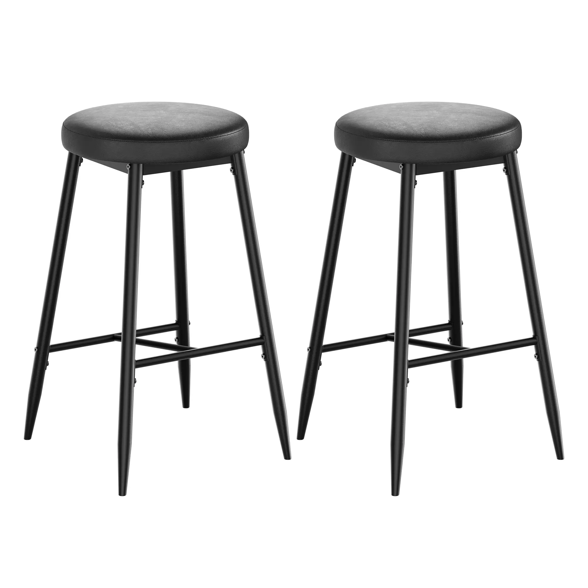 2PC Bar Stools – Counter Height, Brown PU Leather Upholstered Round Backless Seats, Durable Metal Frame with Footrest