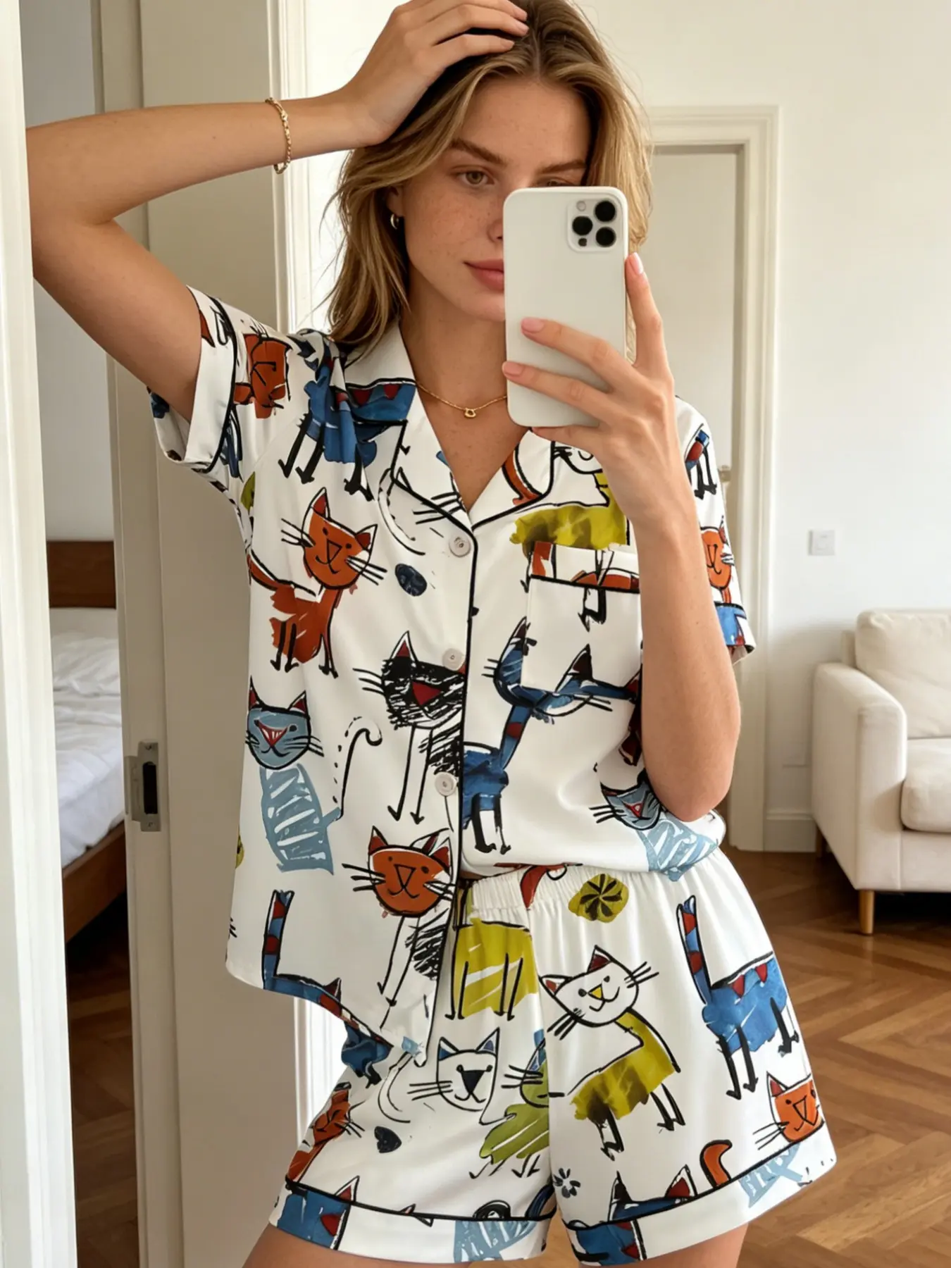 Artsy Aesthetic Retro 90s Playful Cute Cat Lover Women's Pajamas Set 2026 New Summer White Hand Drawn Doodle Graffiti Cat Print Contrast Piping Short Sleeve Lapel Button Front Shorts Lightweight Breathable Soft Skin-Friendly Casual Daily Sleepwear for Wom