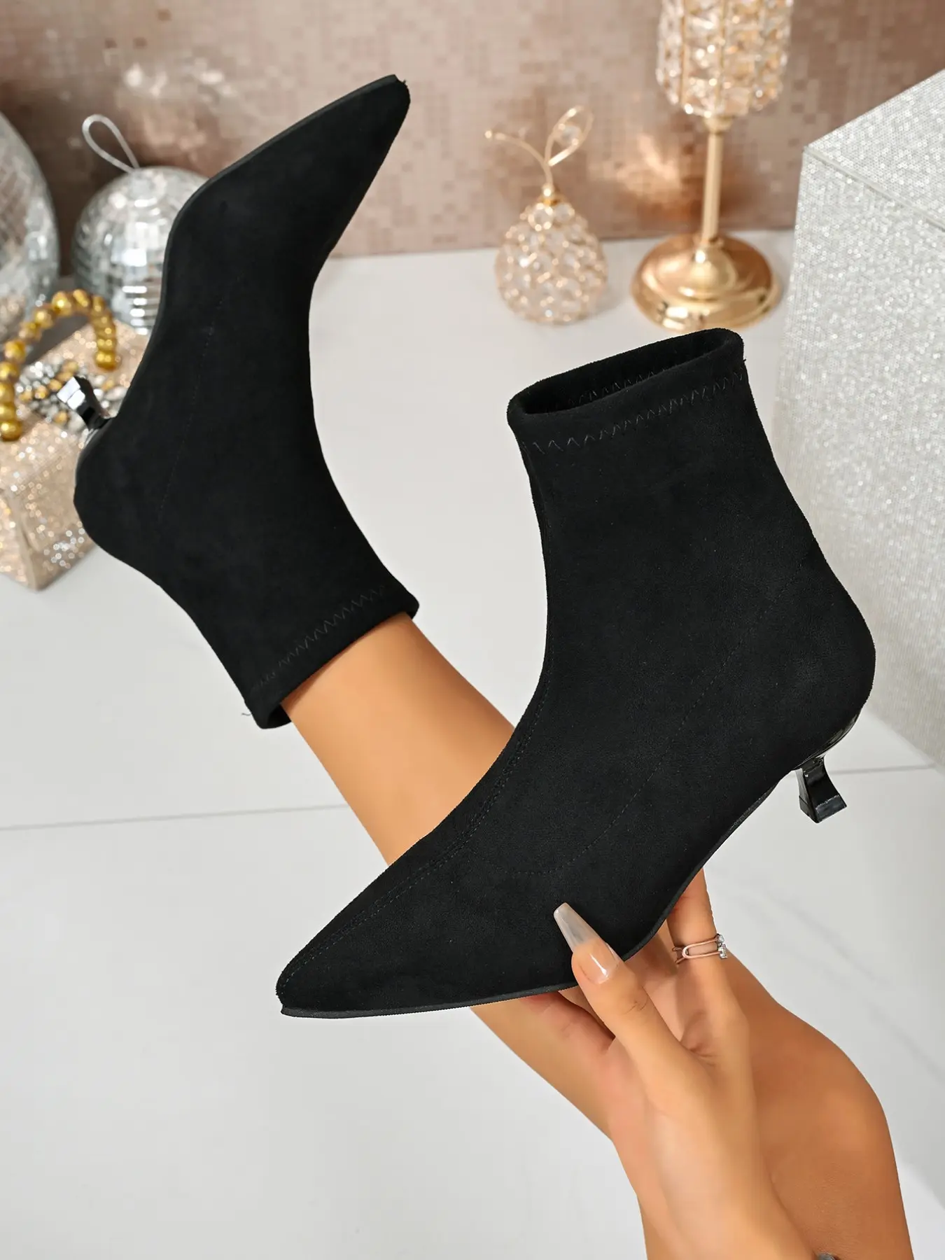 Women's Short Boots Pointed Toe High Heel Slim Fit Mid-Calf, Fashionable Cuban Heel Shoes for Fall & Winter Casual Occasions