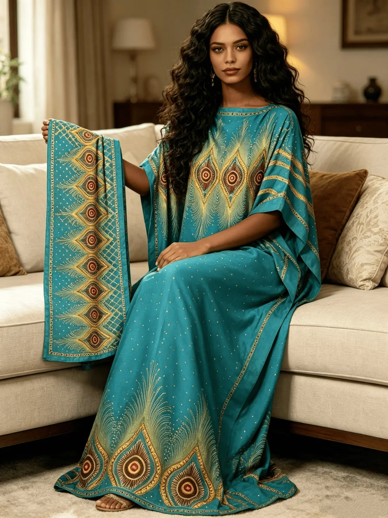 Women's Turquoise Teal Geometric Tribal Print Maxi Batwing Sleeve Boho Kaftan Dress with Matching Scarf 2 Piece Set, Silky Satin Loose Batwing Beach Cover Up, Plus Size Loungewear Nightgown Pajama for Resort Pool Home Sleepwear